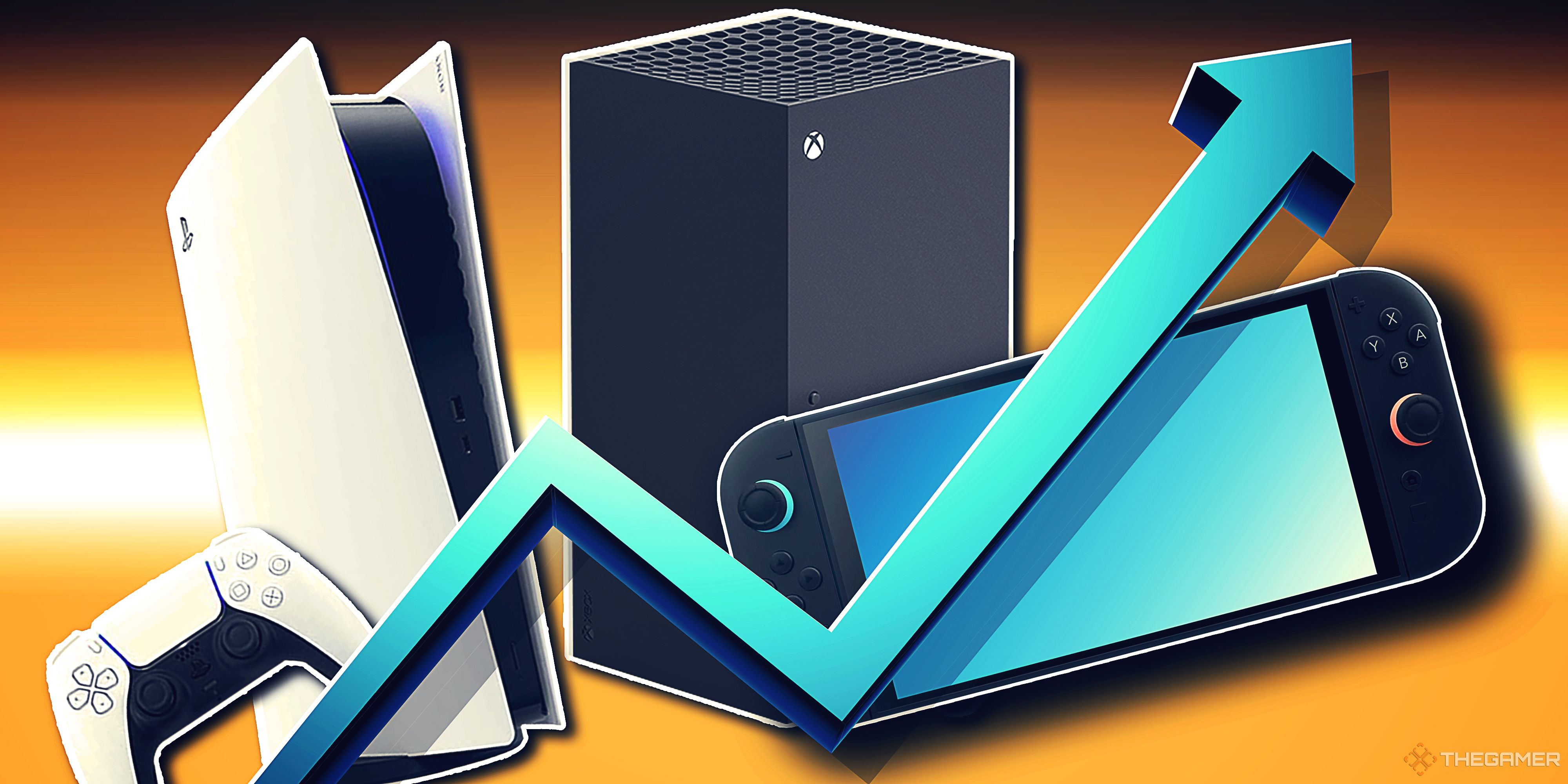 A PS5, Xbox Series X, and Switch 2 with a blue arrow zigzagging upward in the foreground.