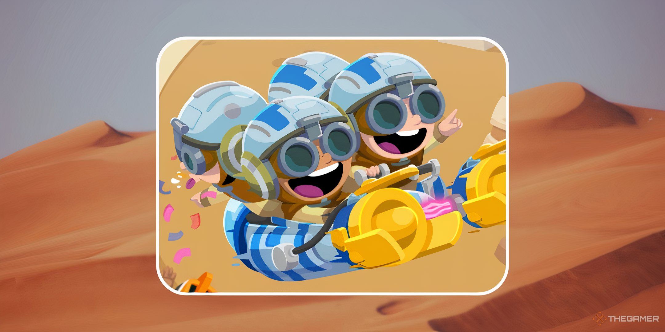 A blue team in Pod Racers in Monopoly Go on the background of a sand dune.