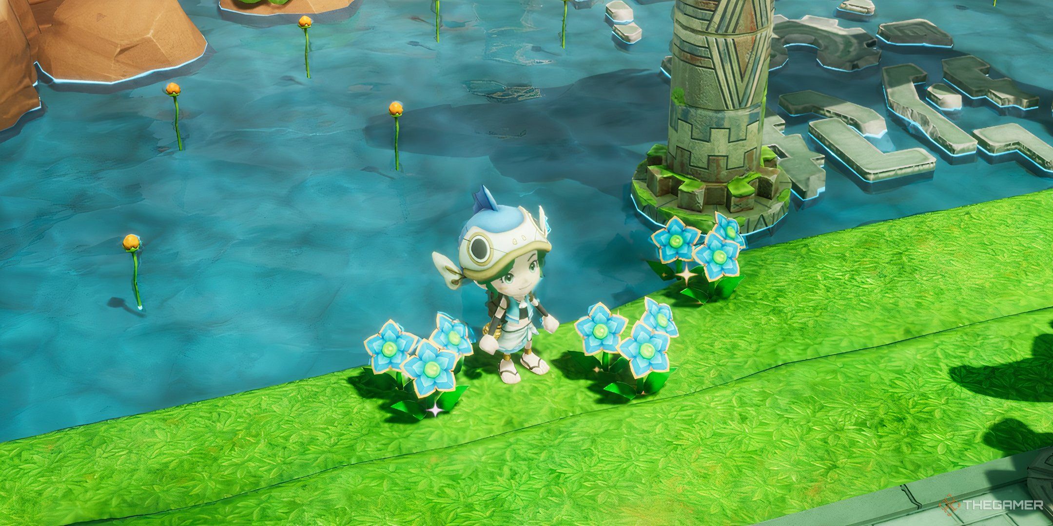 A character beside Celestia's Gift flowers in Fantasy Life i- The Girl Who Steals Time.