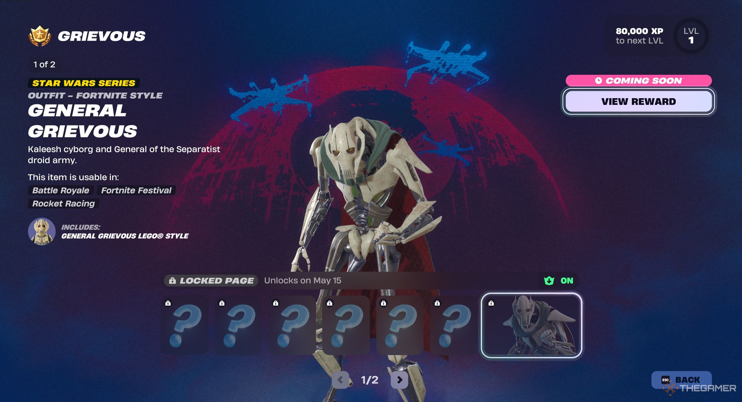 A photo of the Battle Pass rewards for Fortnite, specifically the grevious rewards, page one.