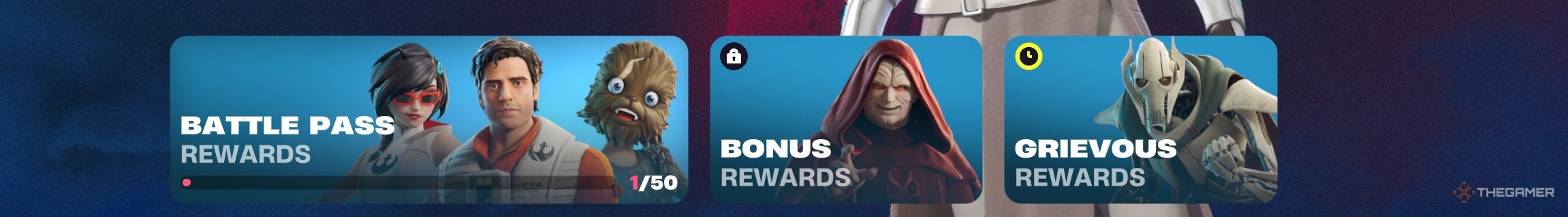 A photo of the Battle Pass rewards for Fortnite, specifically the three different tiers.