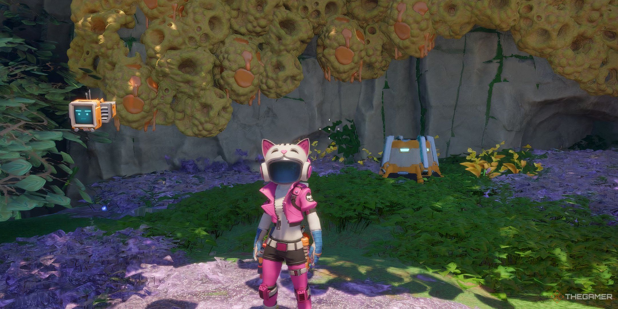 A pioneer in the kitty suit with one of the supply crates on Stellaris Prime in Revenge of the Savage Planet.