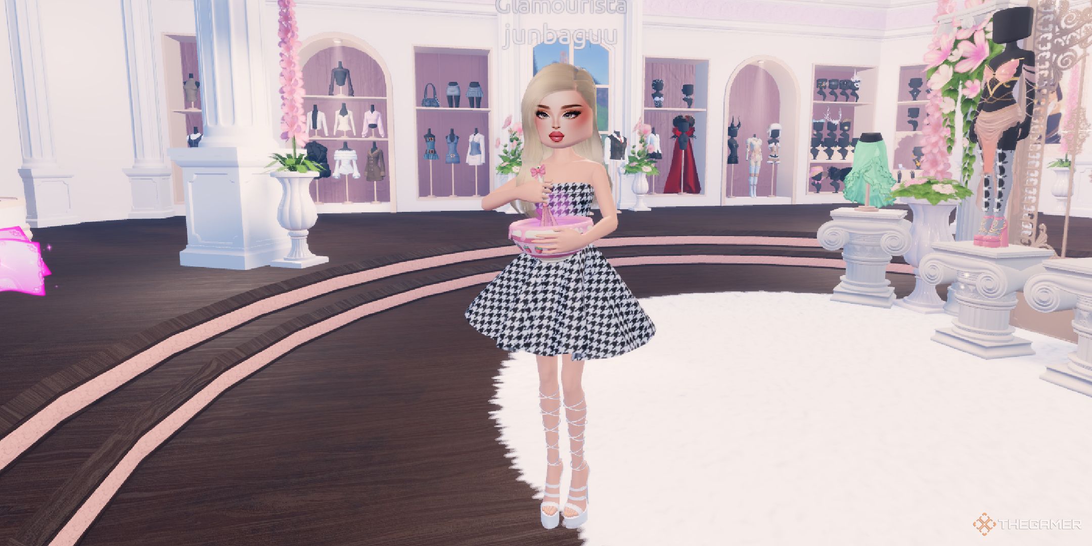A player holding a mixing bowl in Dress to Impress on Roblox.