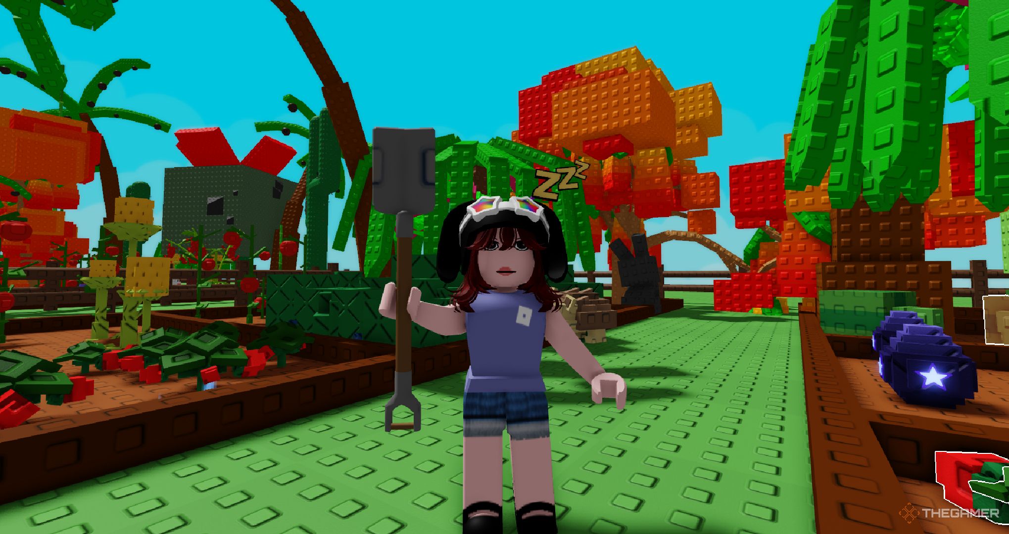 بازیکنی که بیل را در Roblox در دست دارد ، یک باغ را پرورش می دهد.