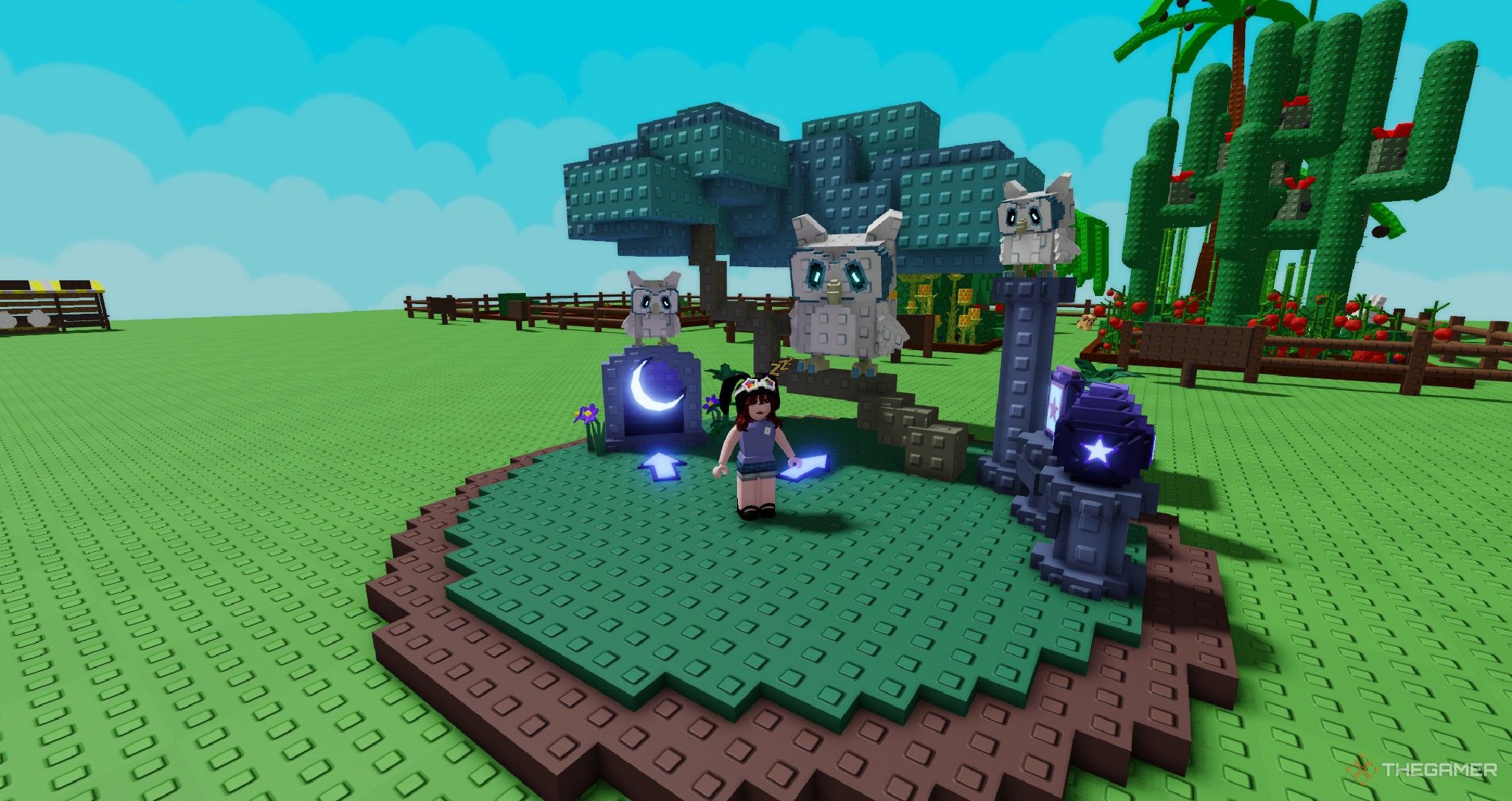 بازیکنی که در رویداد قمری در Roblox ایستاده است ، یک باغ بدون UI را رشد می دهد.