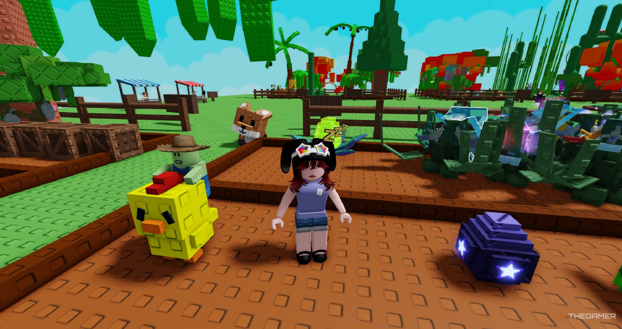 بازیکنی که در کنار زامبی مرغ در Roblox ایستاده است ، یک باغ را رشد می دهد.