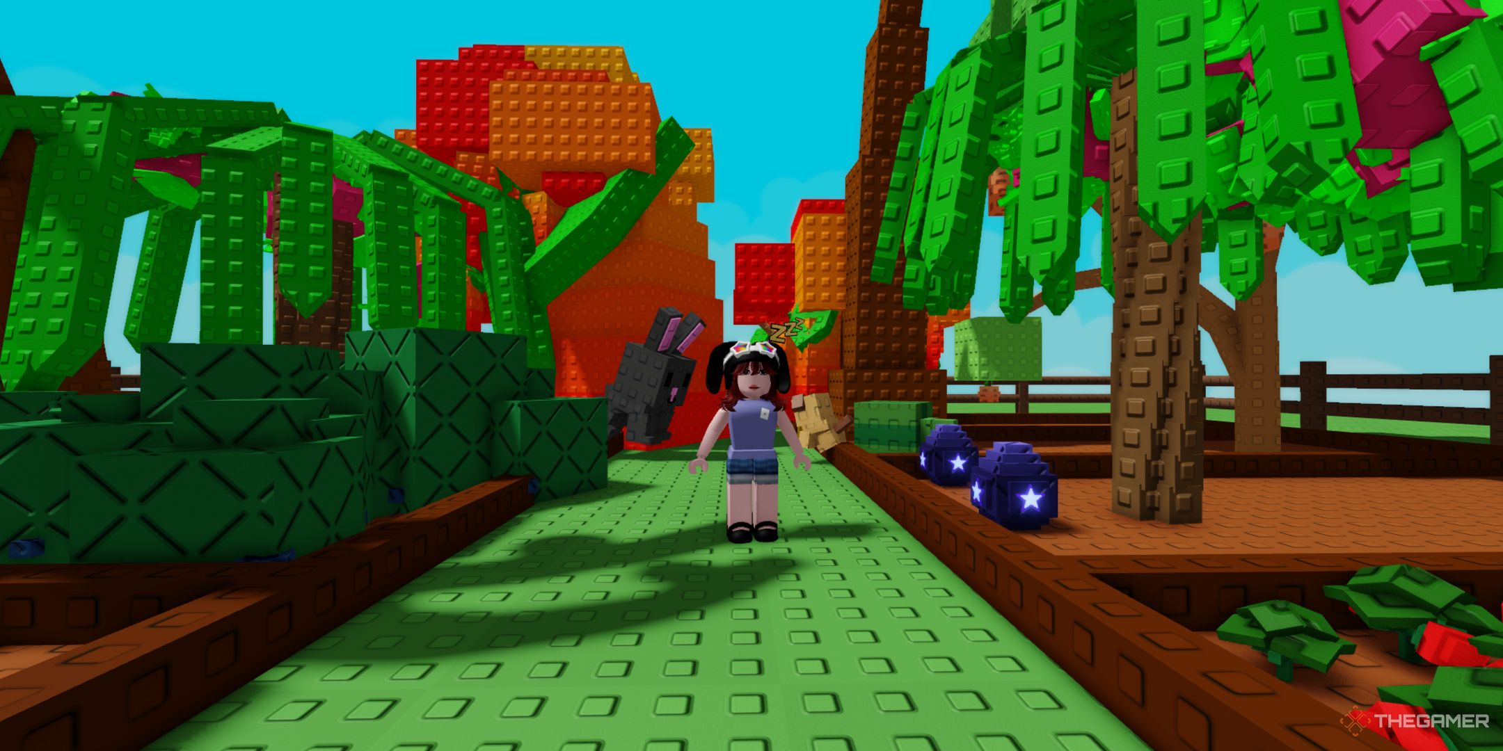 بازیکنی که در مزرعه خود در Roblox ایستاده است ، یک باغ رشد می کند.