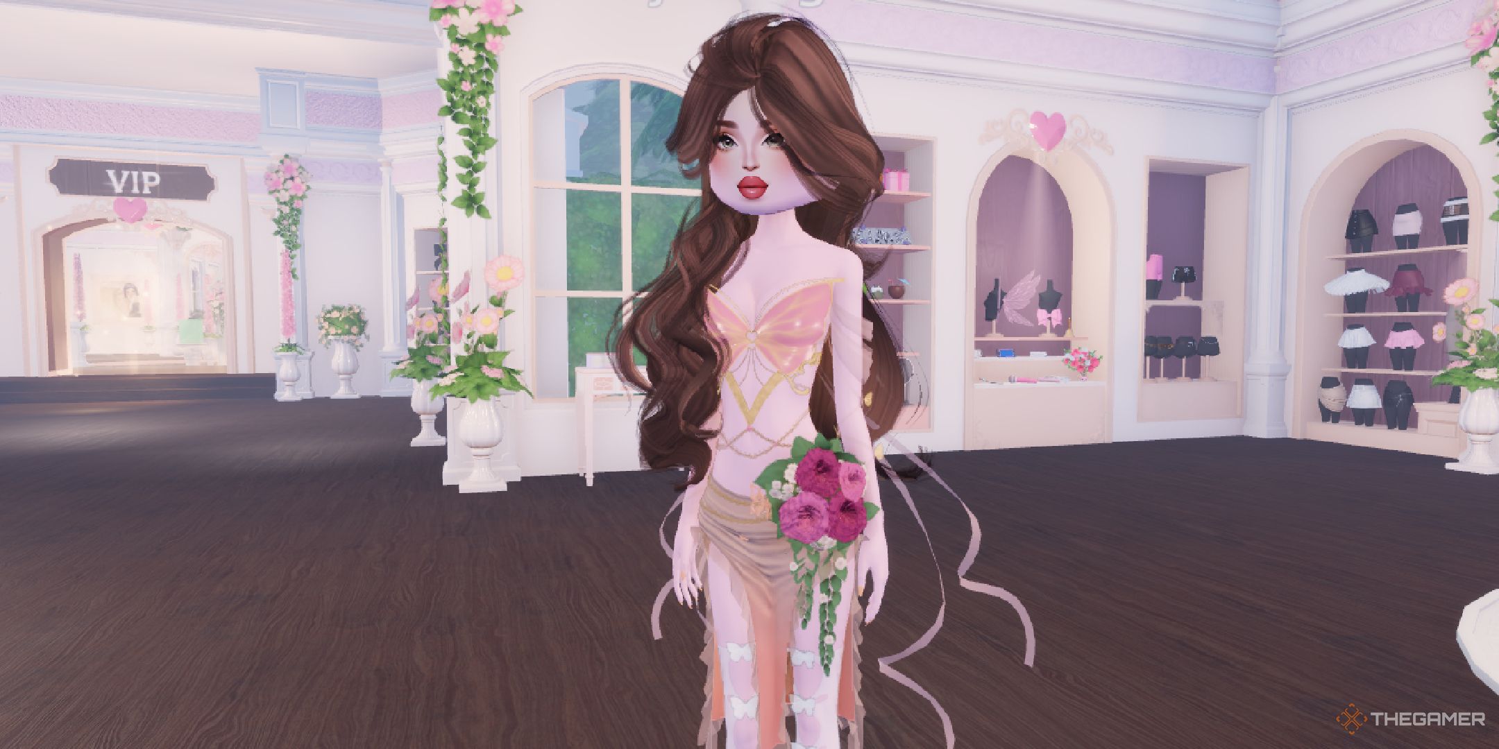 A player wearing the flower belt in Dress to Impress on Roblox.
