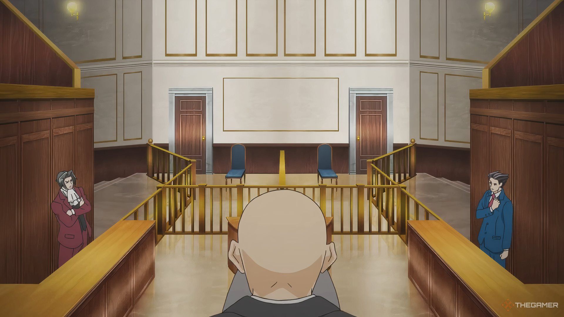 یک دادگاه در انیمه وکیل ACE با ققنوس و Edgeworth و قاضی.