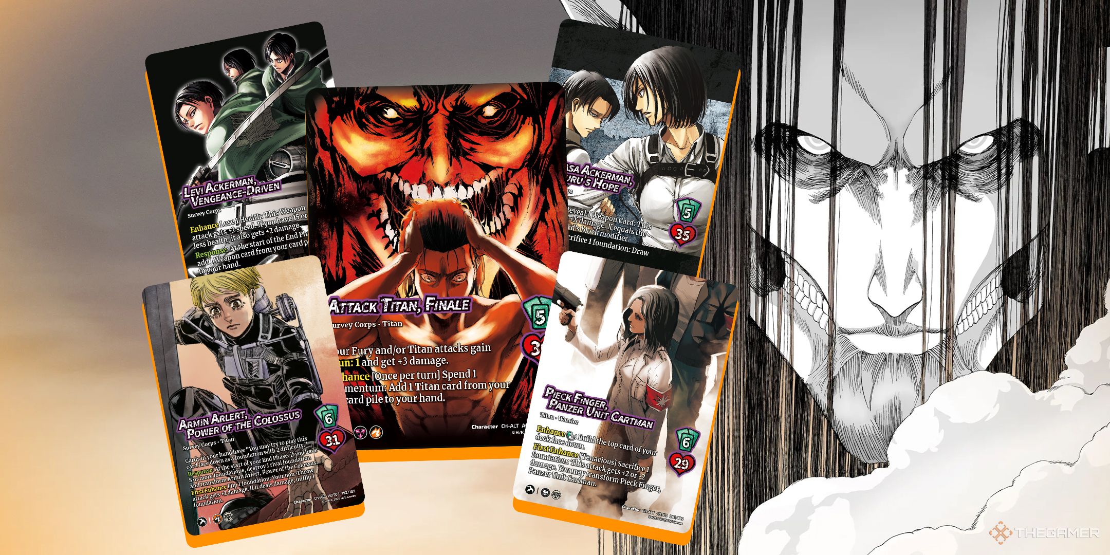 Attack on Titan Apocalypse cards in front of Eren Yeager&rsquo;s face.