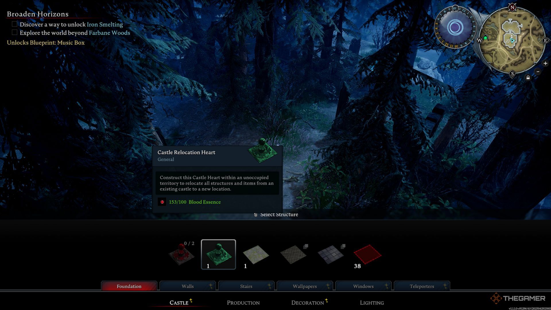 The player character shows Castle Relocation Heart in the build menu in V Rising.