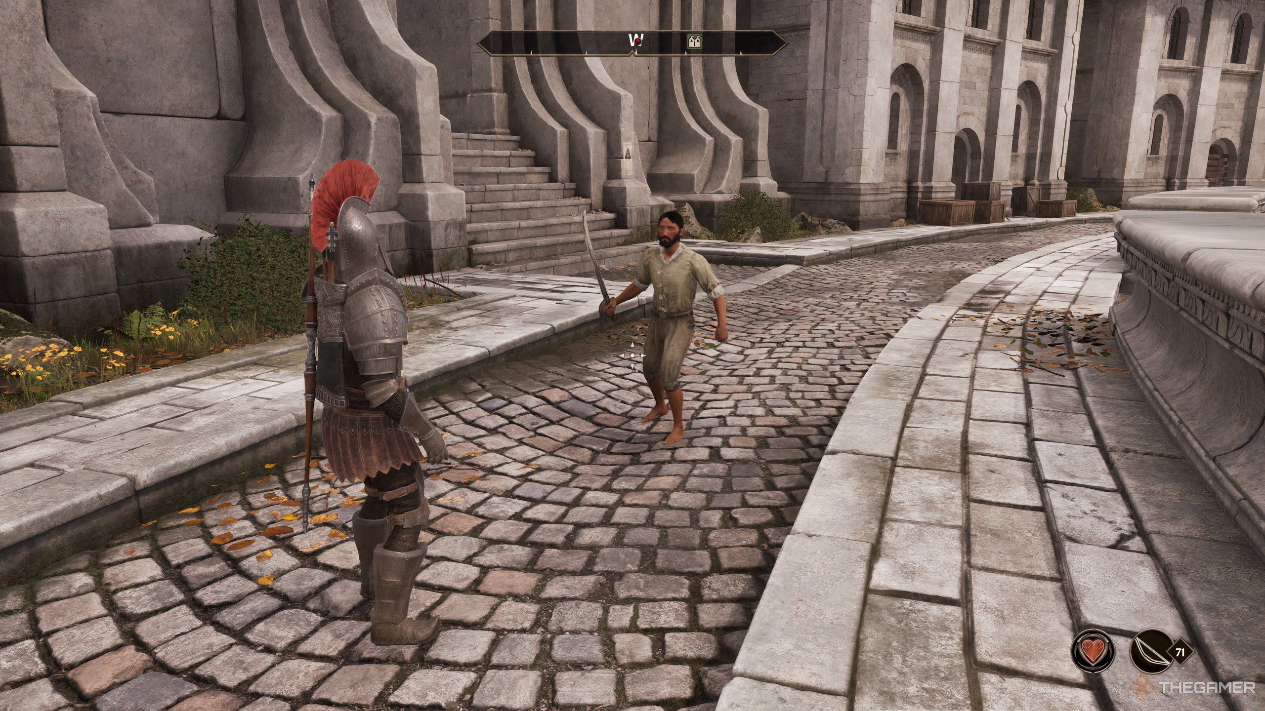 Character avoiding fighting by using a guard in Oblivion Remastered.
