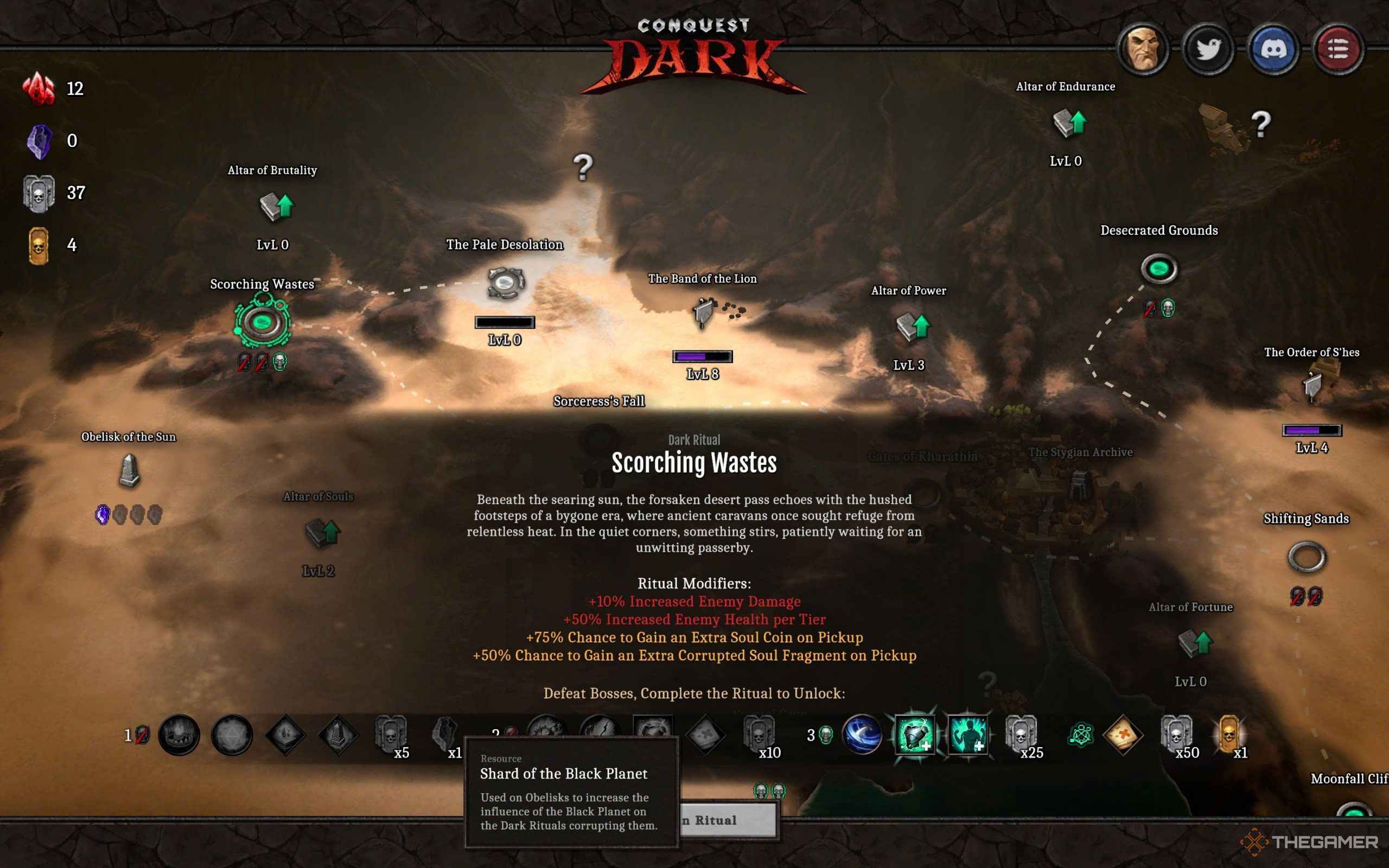Conquest Dark's map showing the Dark Ritual node for Scorching Wastes.