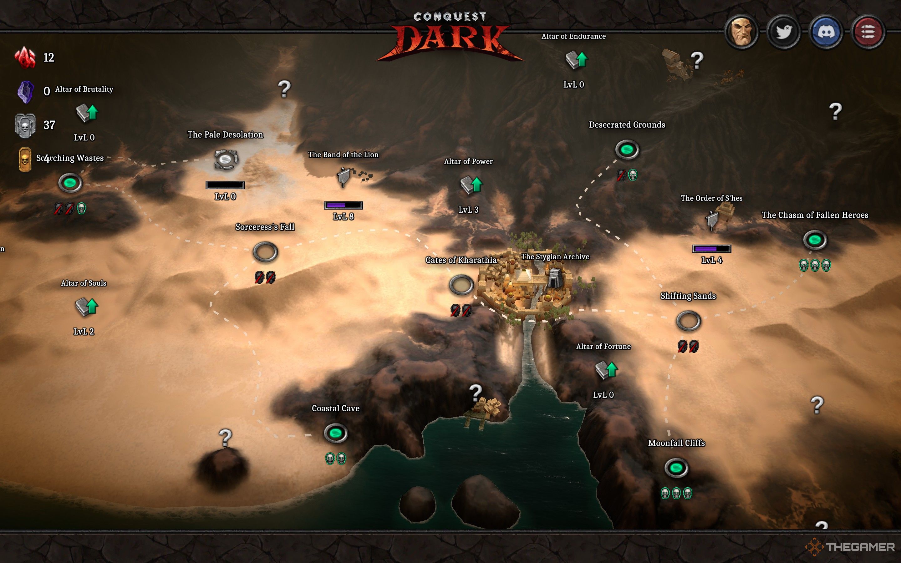 Conquest Dark's map with various nodes and question marks.