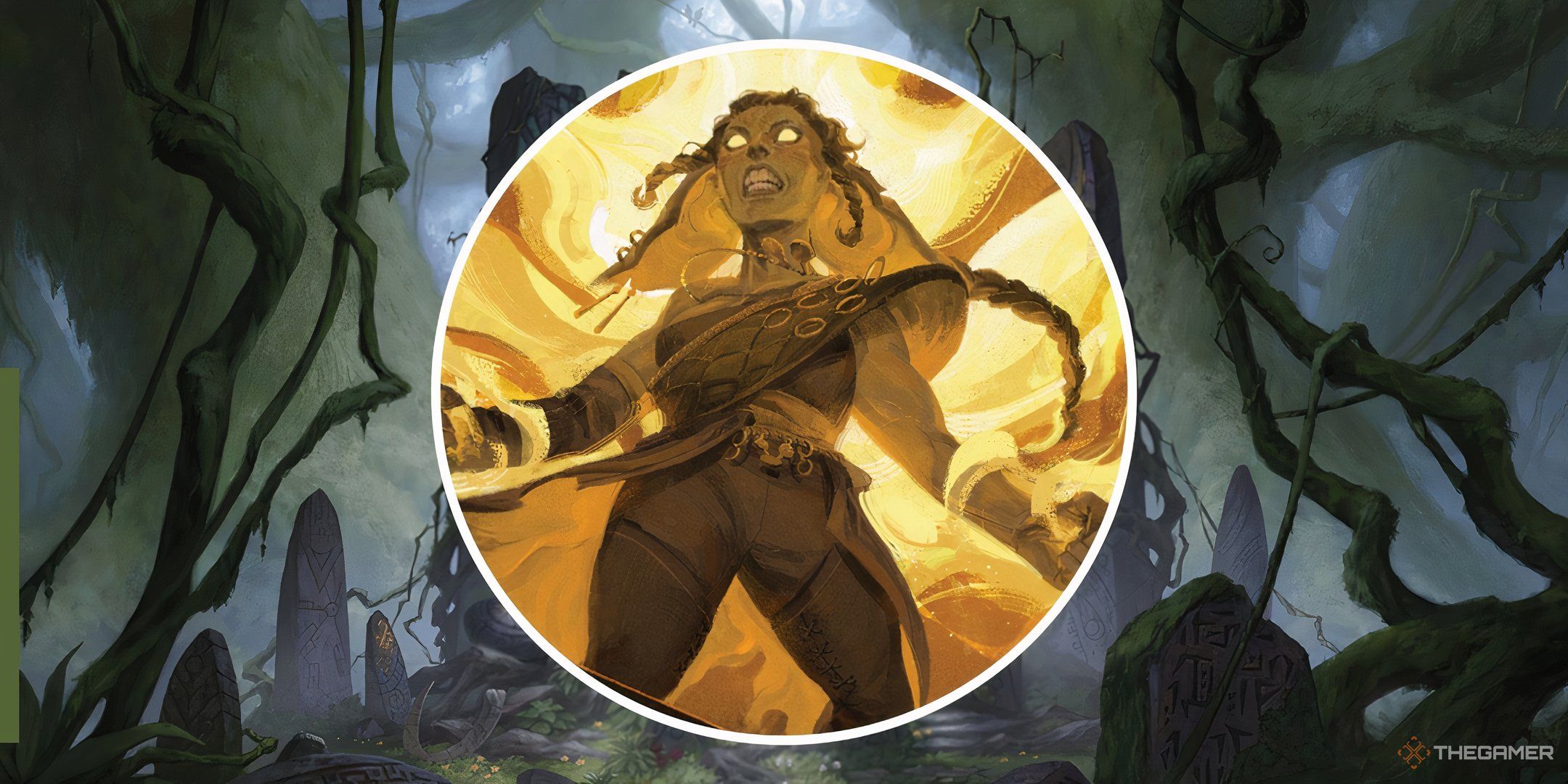A player character, a goblin, in Daggerheart with glowing yellow eyes against a forest background.