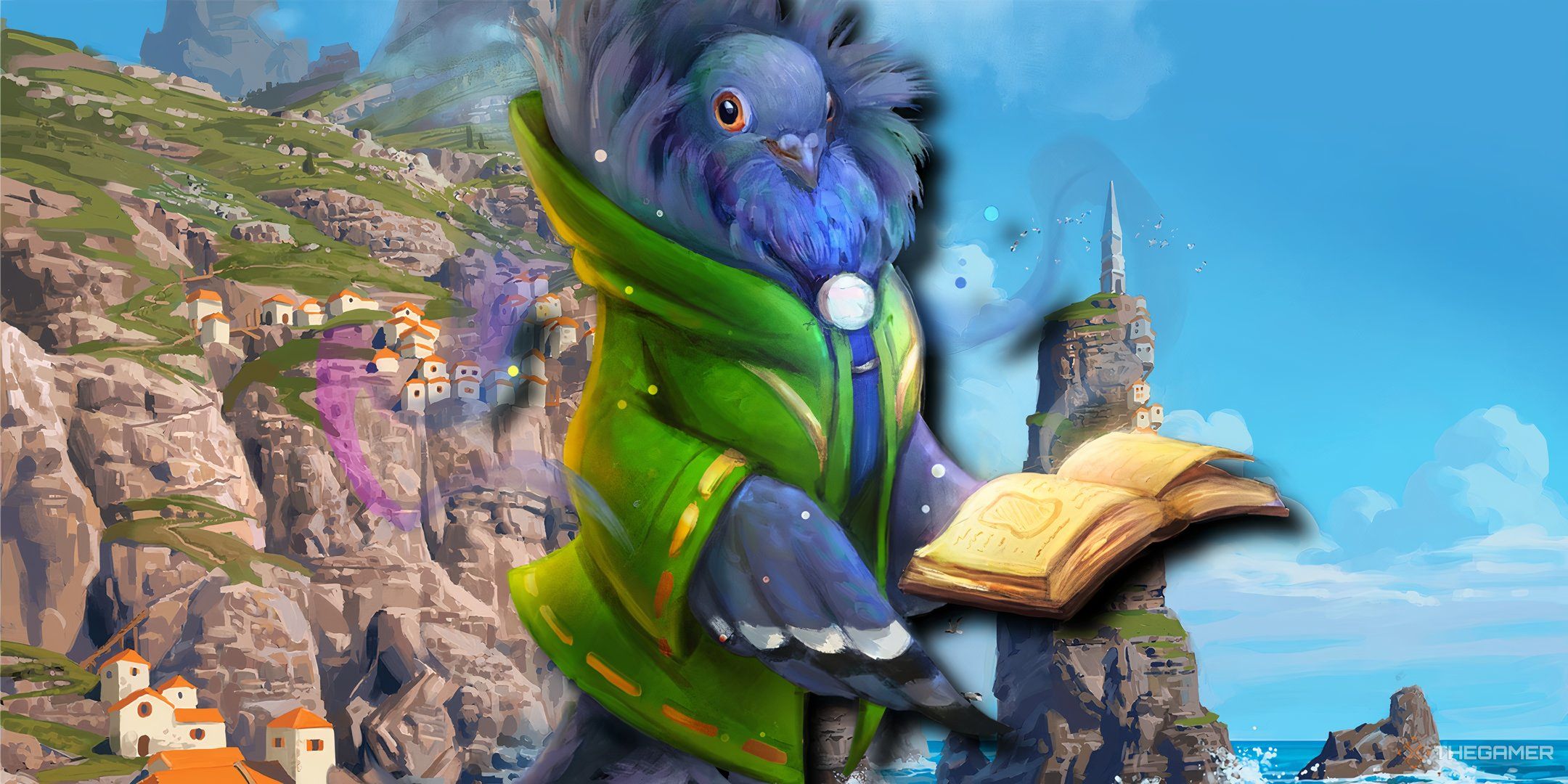 A birdfolk casting a spell with a spellbook in the Humbelwood setting in DND.