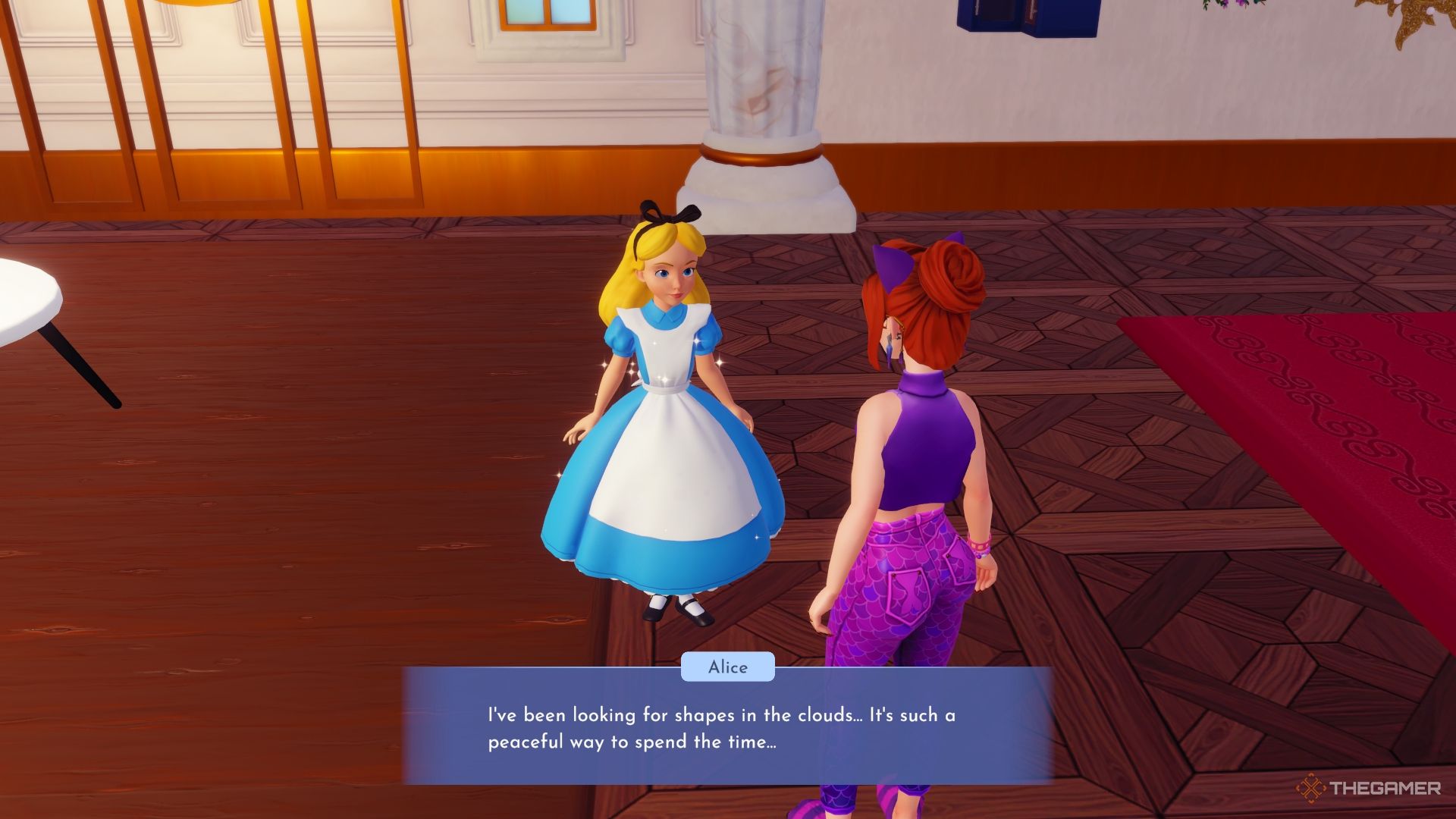 Alice is talking about clouds in the scrub store.