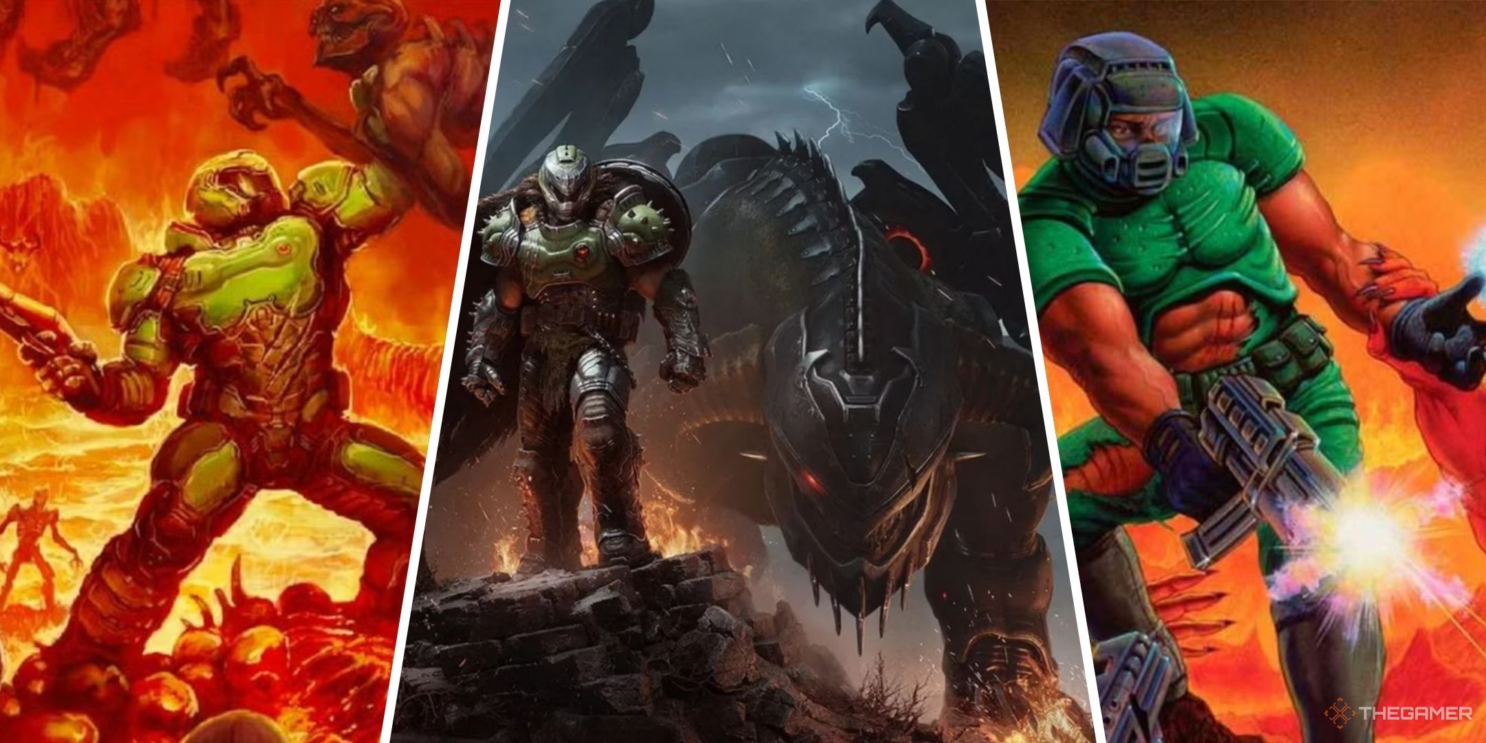 هر بازی عذاب به ترتیب زمانی 1 هنر اصلی Doom 2016 ، Doom the Dark Ages و Doom 1993.