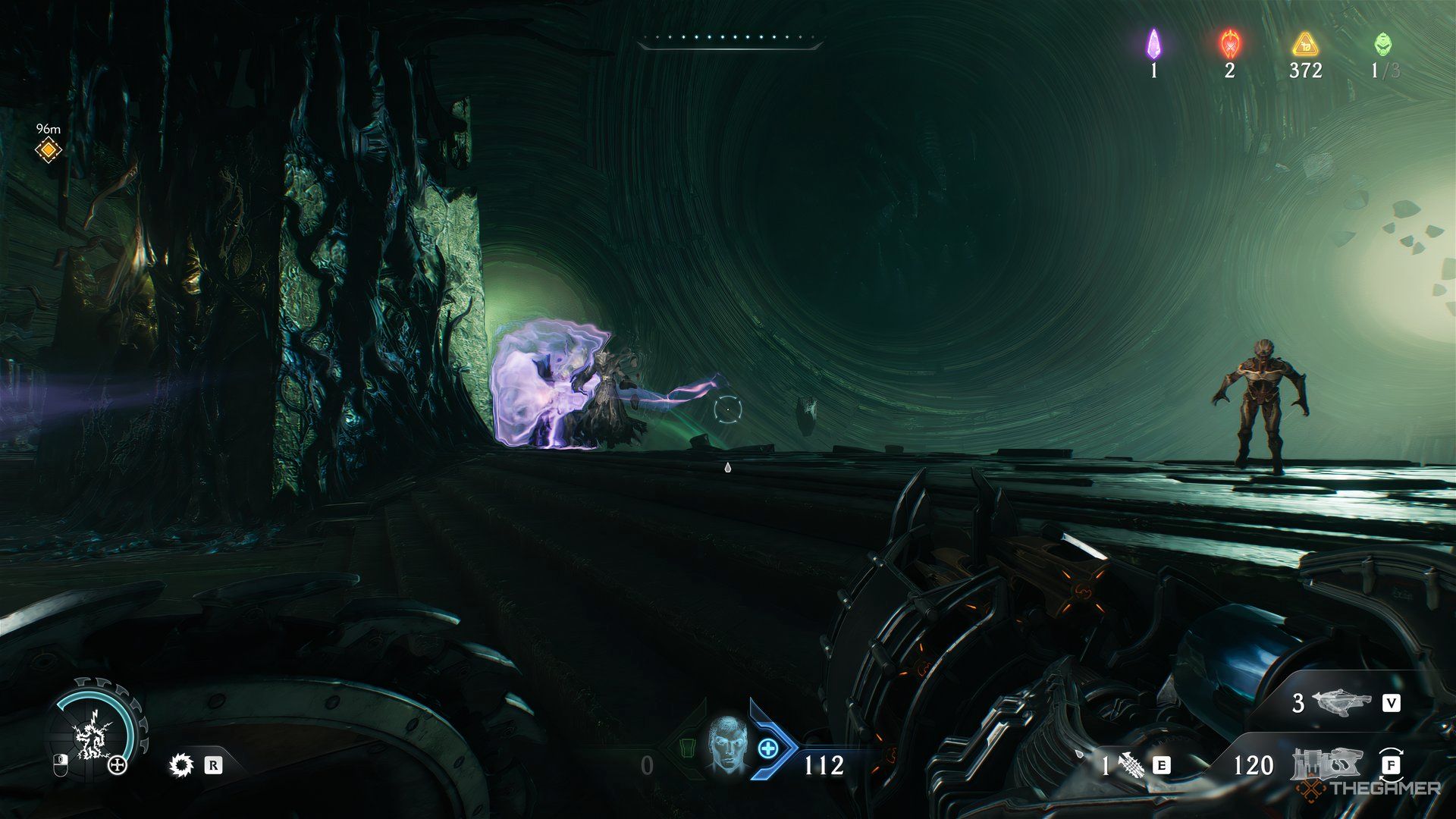 Doom Slayer looking at a Acolyte who's using purple energy on itself with another enemy on the right in DOOM: The Dark Ages.