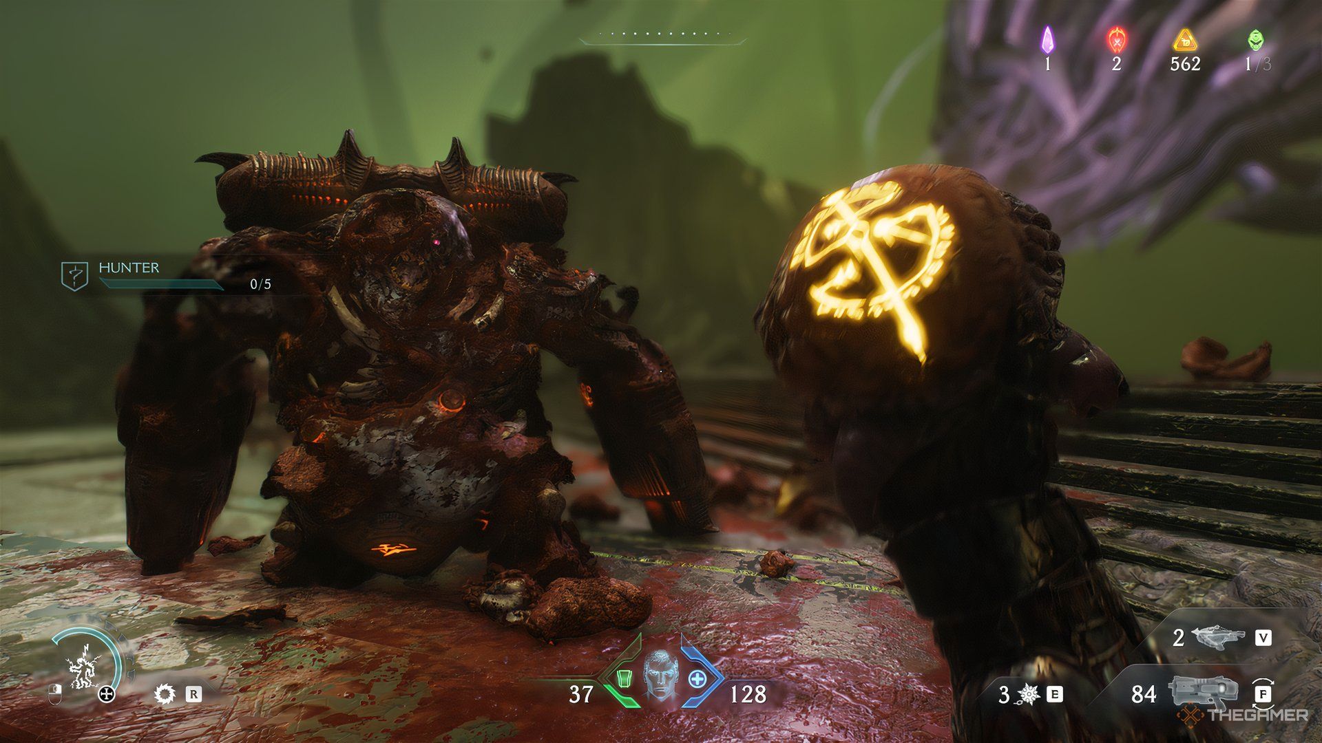 Doom Slayer with a fallen enemy in front of him holding the armor essence that has yellow lighting coming out of it in Doom: The Dark Ages.