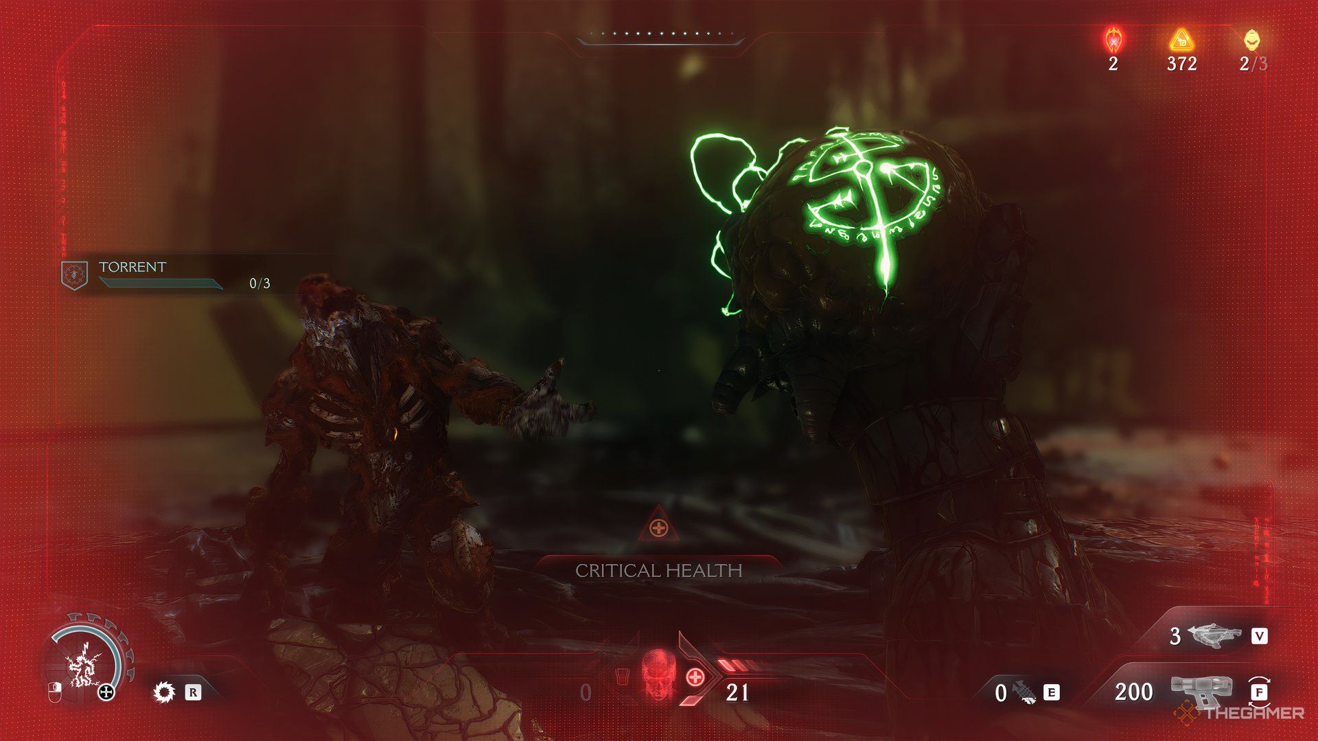 Doom Slayer holding the armor essence with the enemy he took it from in front in DOOM: The Dark Ages. The screen is red with Critical Health displayed at the bottom.