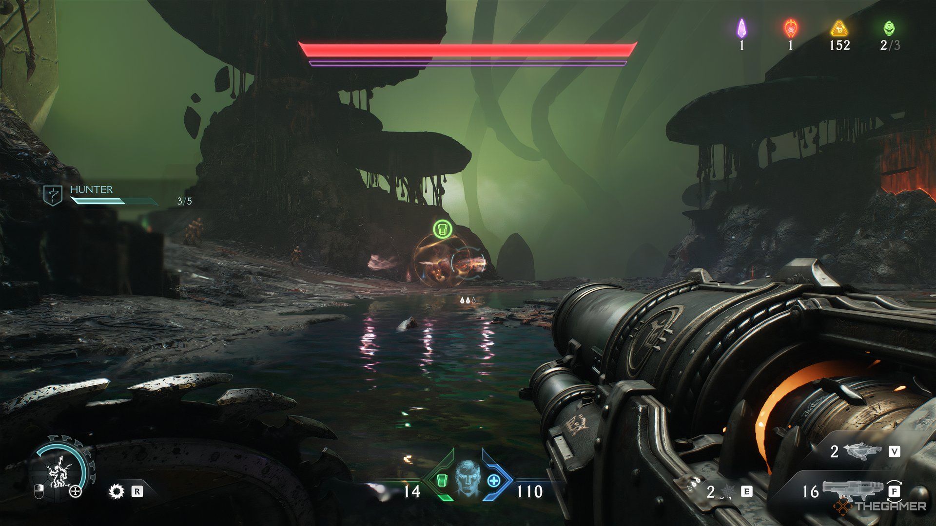Doom Slayer fighting a demaon in the distance that shooting about attacks in Doom: The Dark Ages.
