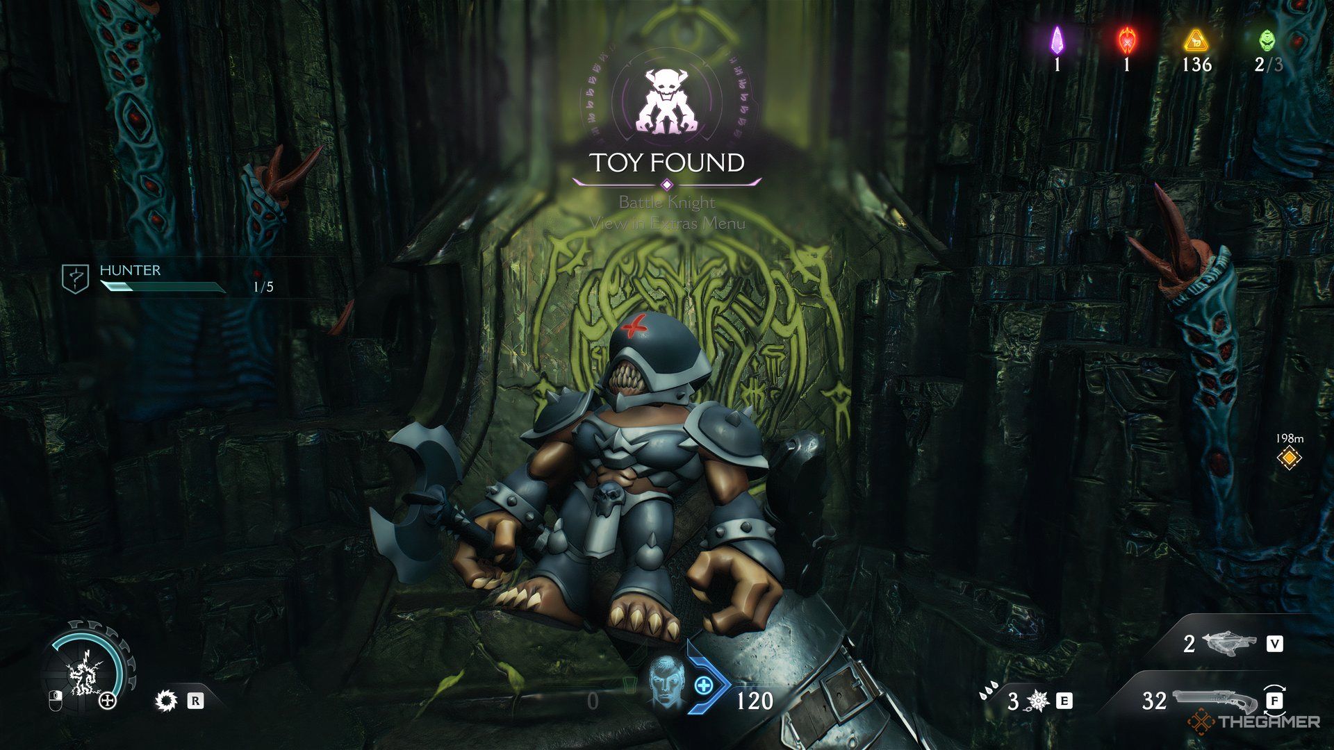 Doom Slayer holding the Battle Knight toy in Doom: The Dark Ages. 