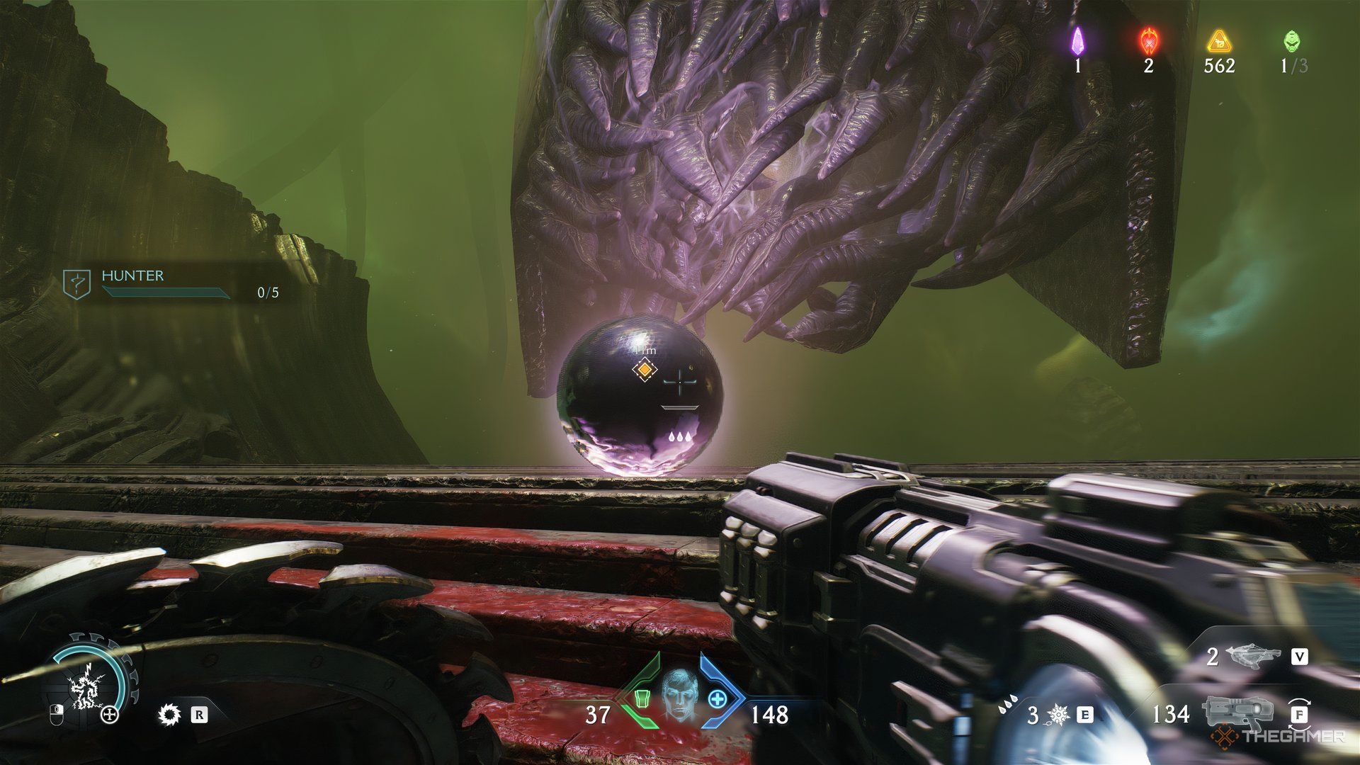 Doom Slayer looking at the black ball with purple tentacles sticking out of a monster behind it in Doom: The Dark Ages.