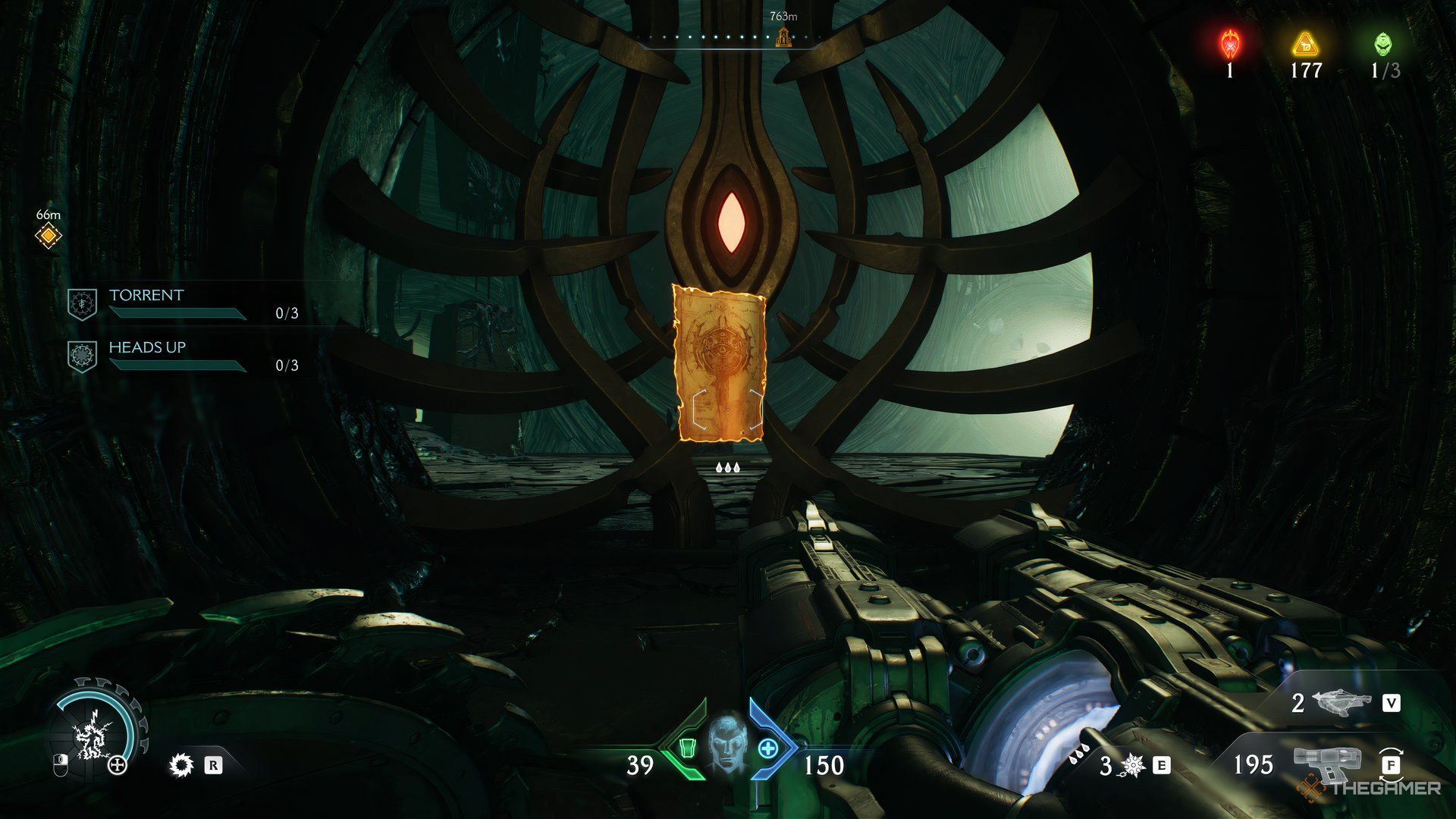 Doom Slayer looking at an orange Codex with a door behind it in DOOM: The Dark Ages. 