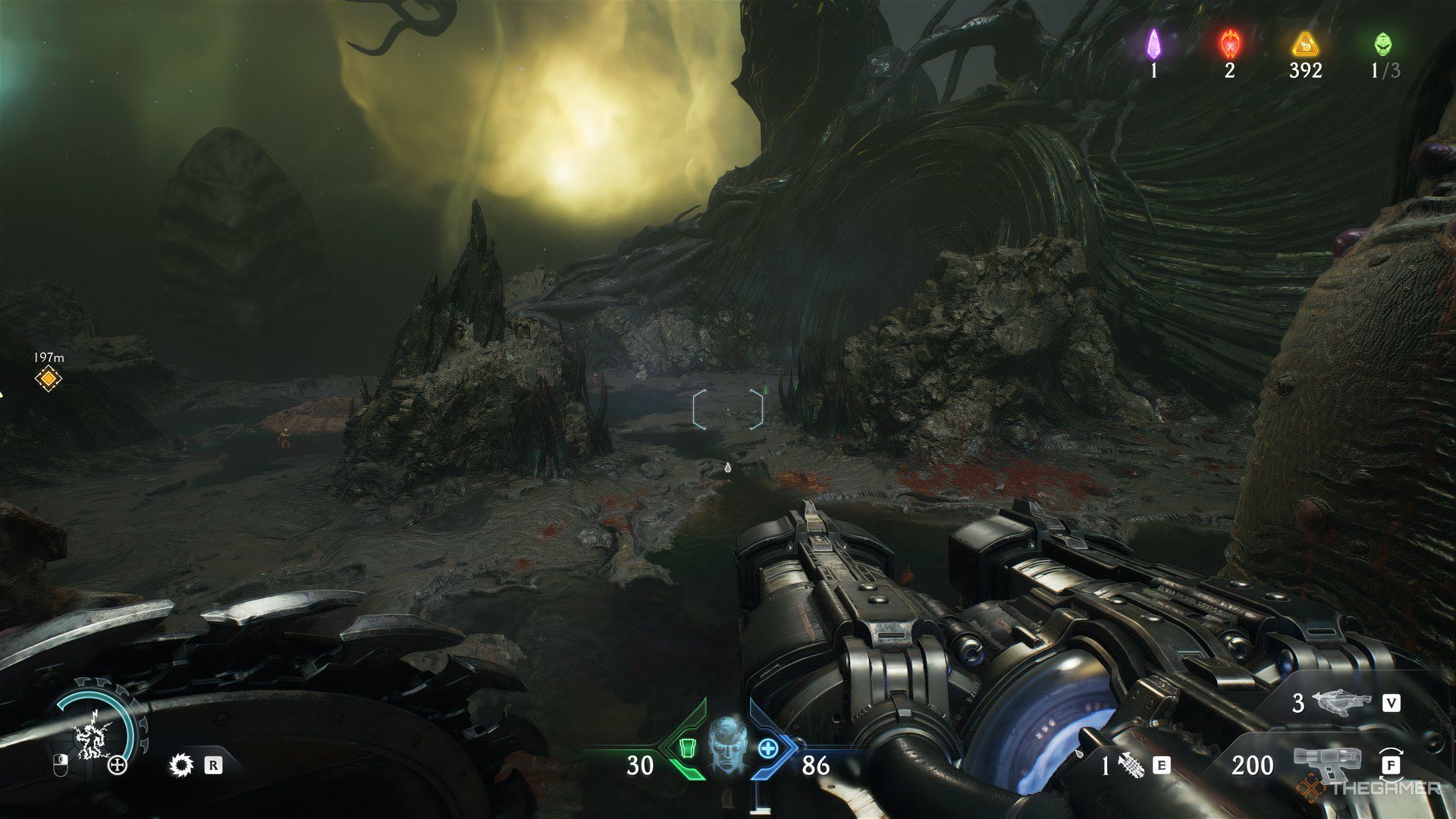Doom Slayer on a high platform looking an entrance that has a circle shape in Doom: The Dark Ages.
