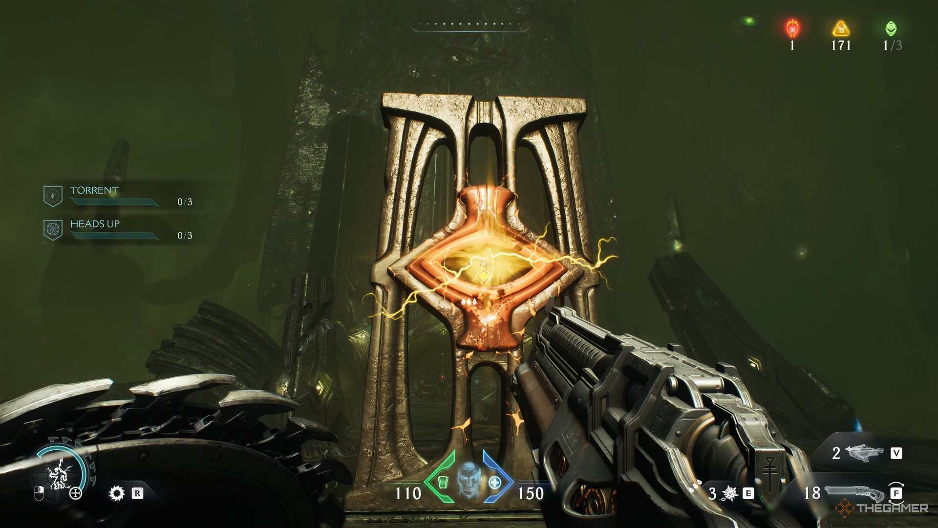 Doom Slayer lining up a yellow light in a monolith in DOOM: The Dark Ages. 