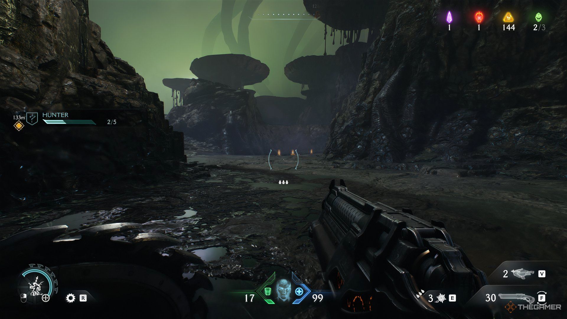 Doom Slayer walking towards a few pieces of gold on the ground in front of him in Doom: The Dark Ages.