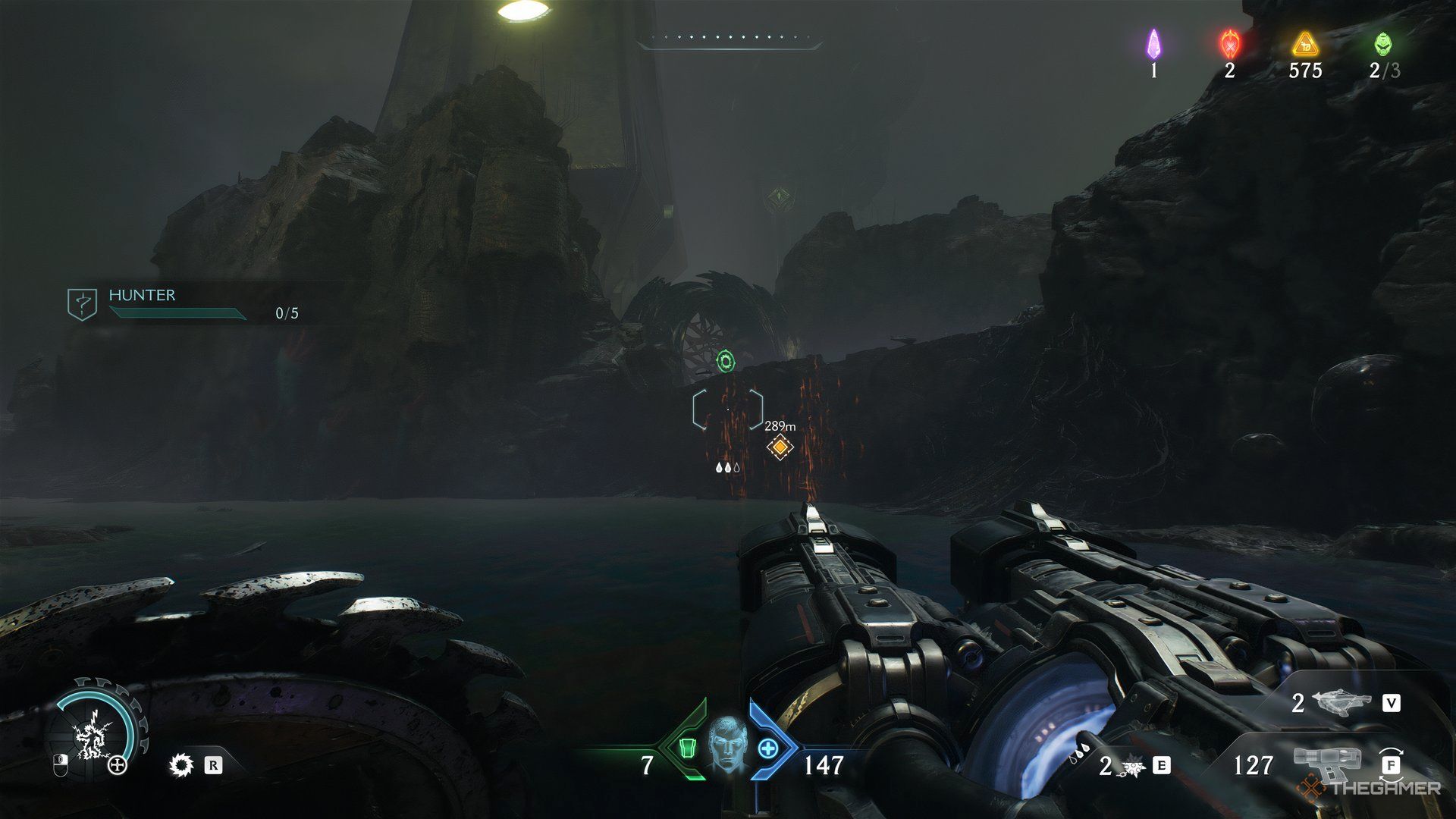 Doom Slayer looking at climable wall with a green gate on top in Doom: The Dark Ages.