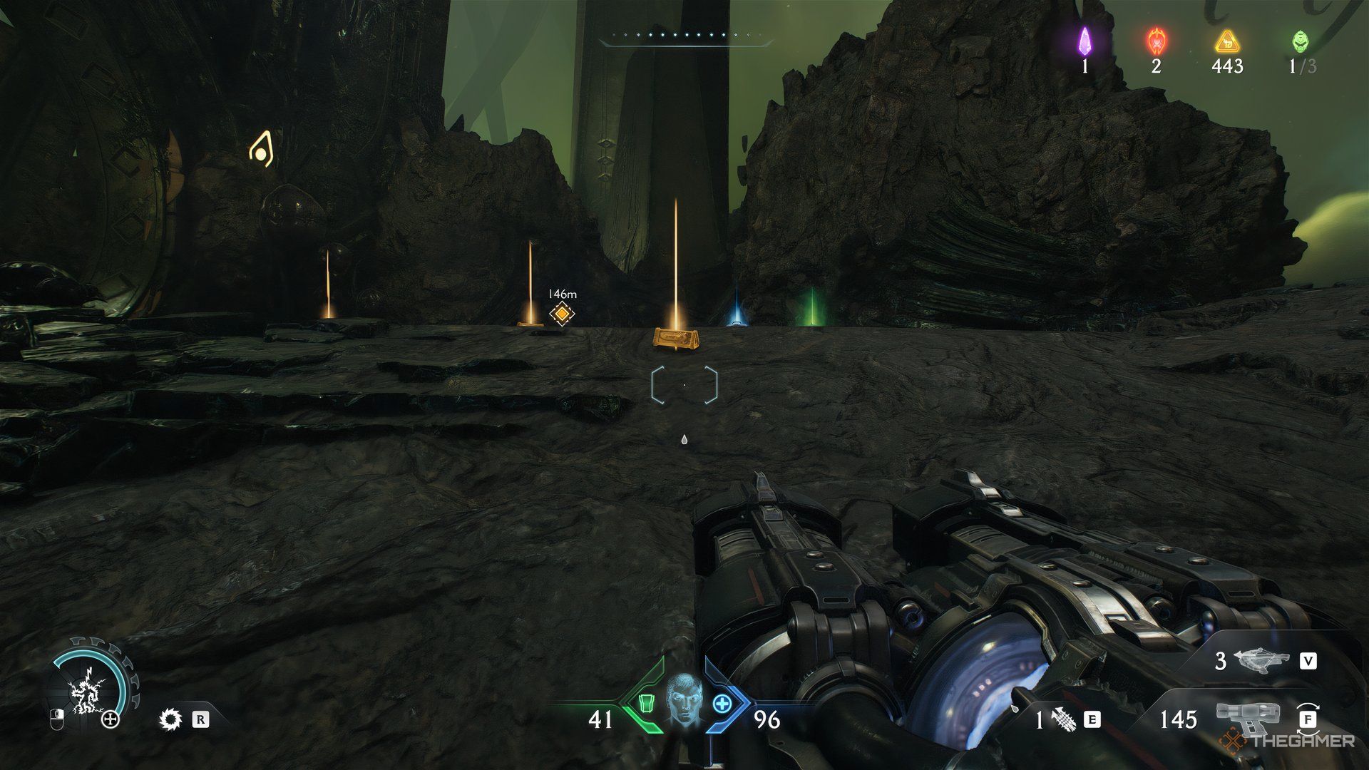 Doom Slayer walking towards gold pick-ups with armor and health drops behind them in Doom: The Dark Ages.