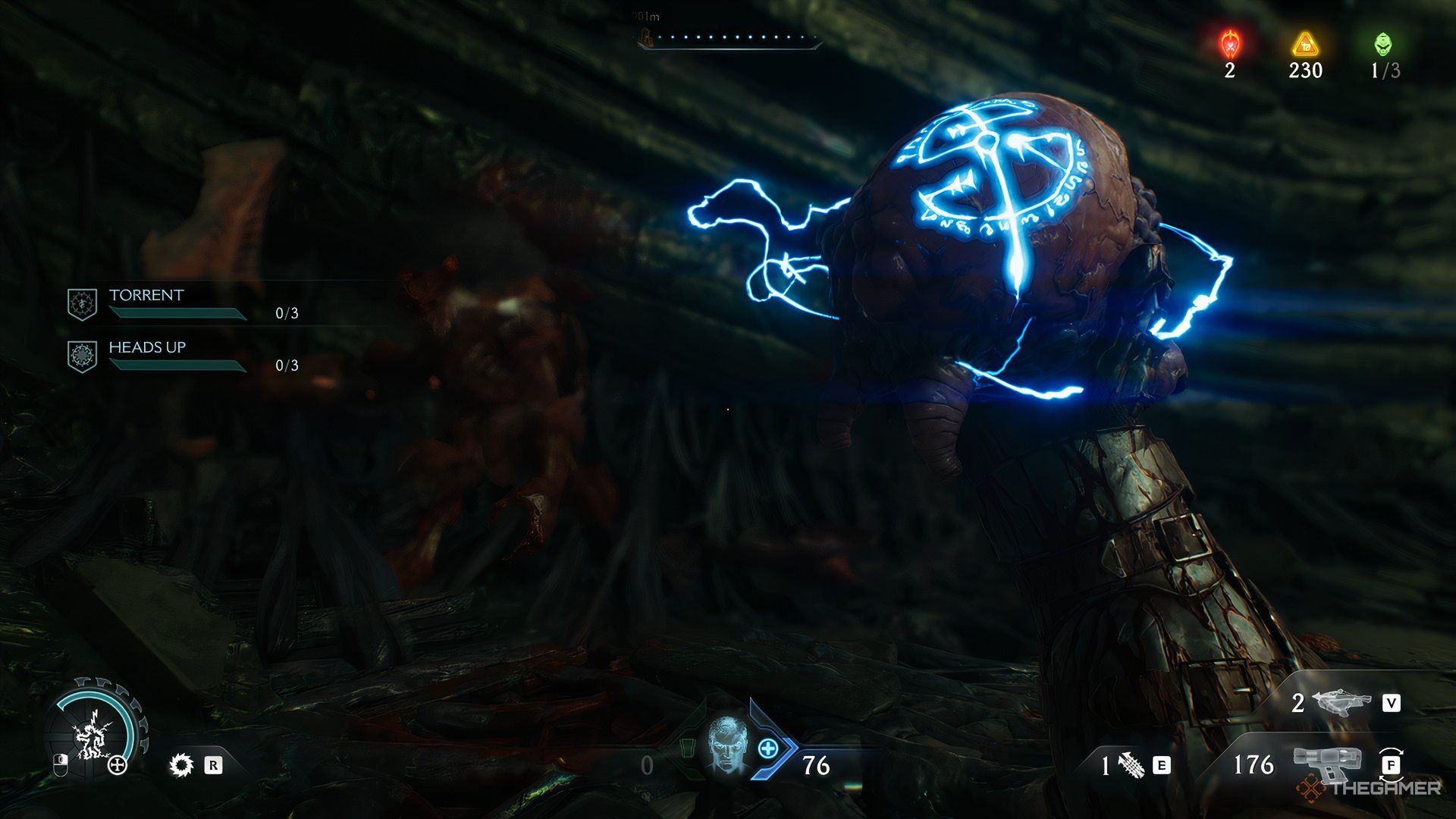 Doom Slayer holding a health essence with the monster he took it from in the background in DOOM: The Dark Ages.