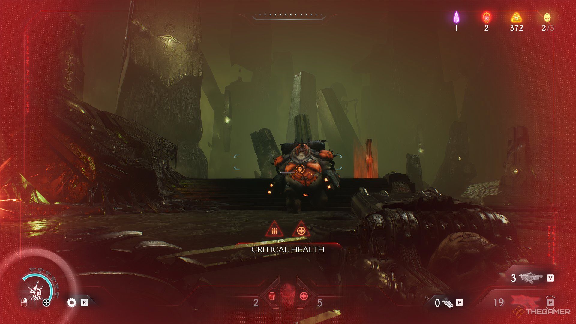 Doom Slayer being attacked by a Mancubus. He is also low health with the screen turning red in DOOM: The Dark Ages.