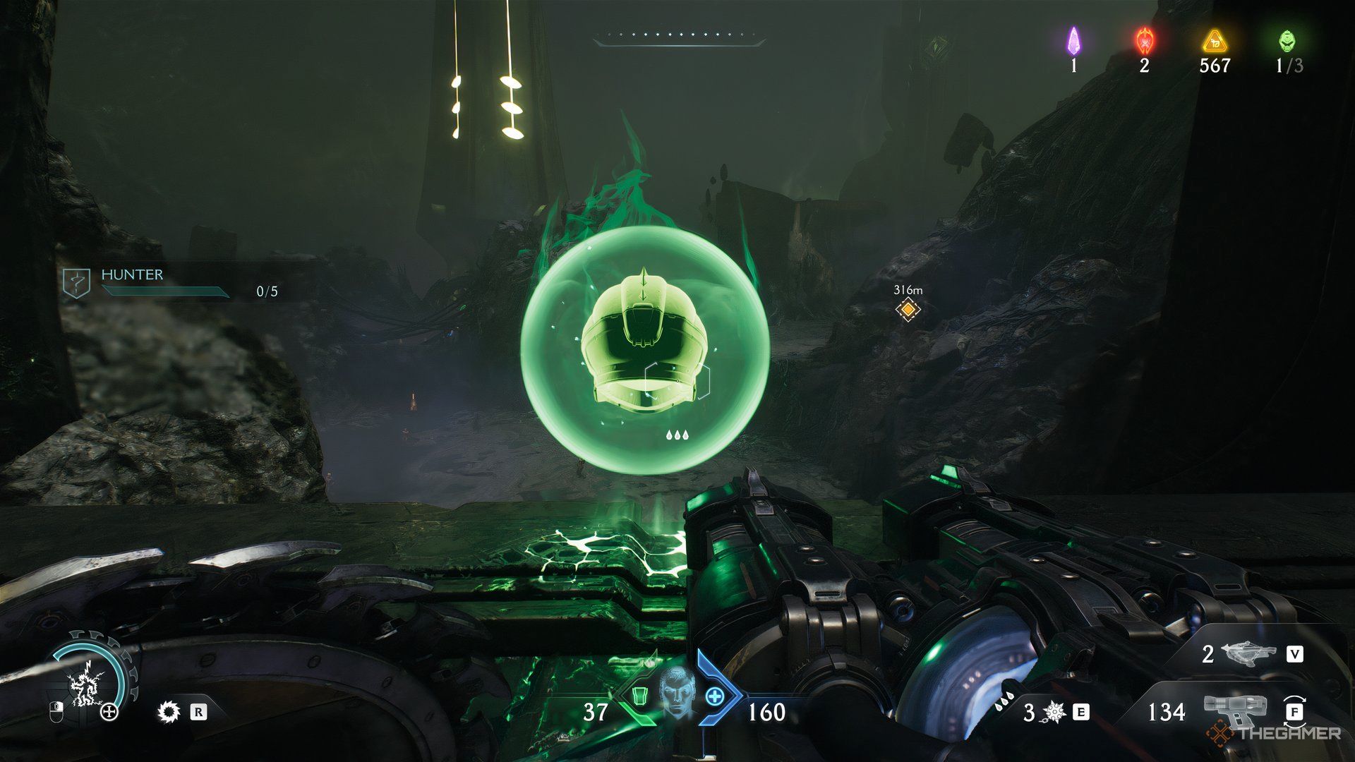 Doom Slayer looking at a green Life Sigil that is facing away from him in Doom: The Dark Ages.