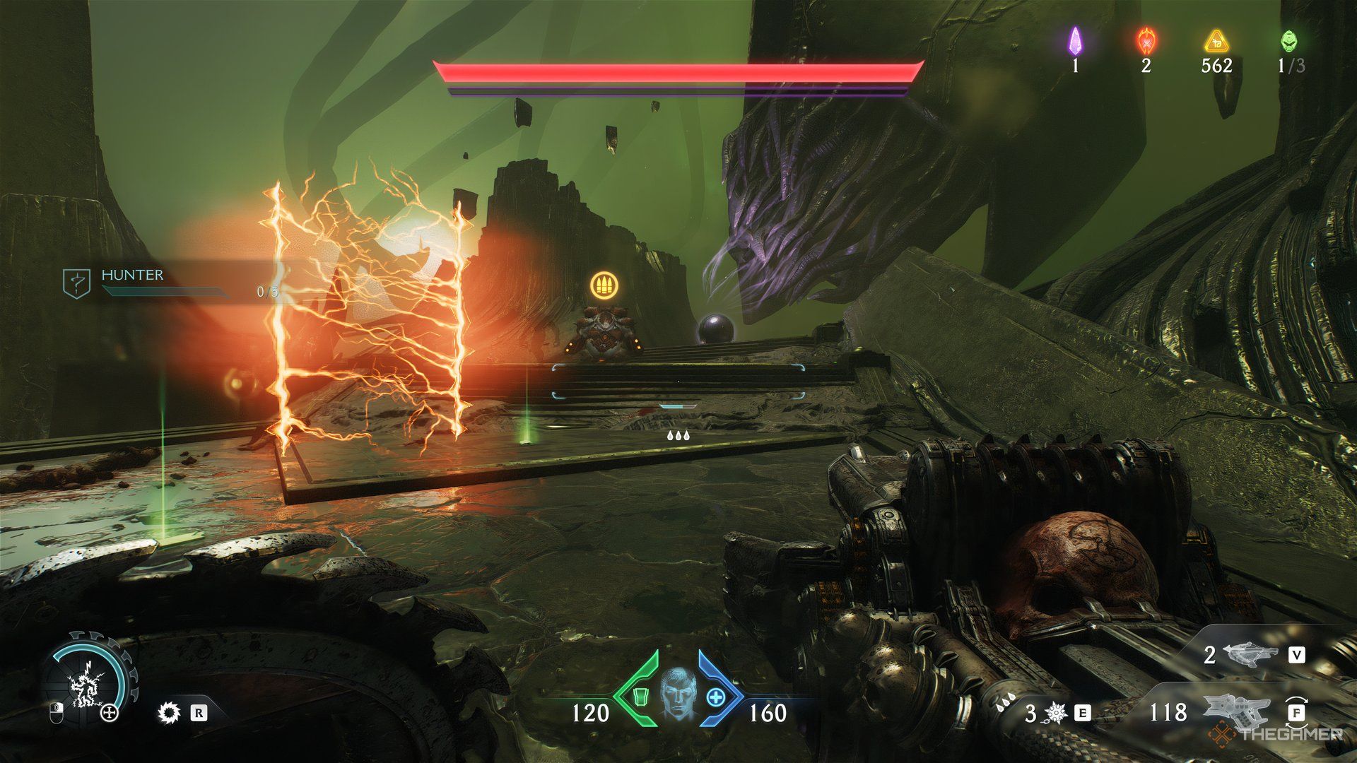 A Mancubus in the distance with orange beams approaching the Doom Slayer in Doom: The Dark Ages.