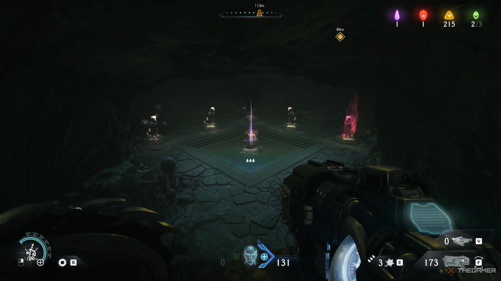 Doom Slayer back in the Wraithstone room looking at the wolves and the statue holding the Wraithstone in Doom:  The Dark Ages. One wolf has red energy around it.