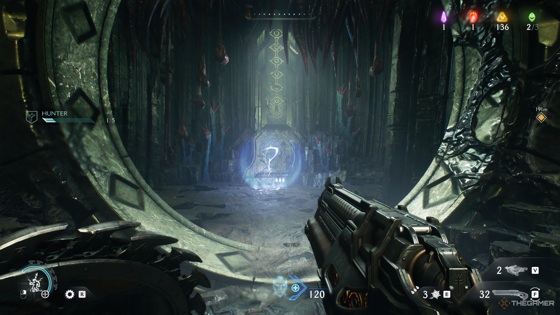 Doom Slayer walking into a hole with question mark in it in Doom: The Dark Ages.