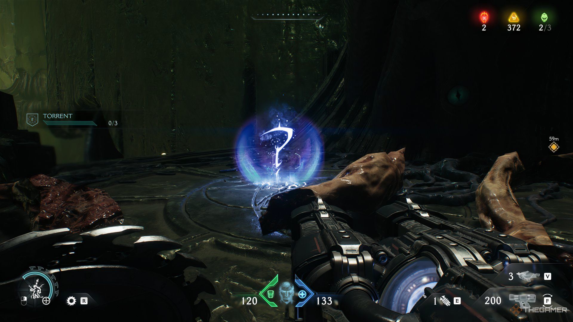 Doom Slayer walking towards a purple orb that has question mark in it in DOOM: The Dark Ages.