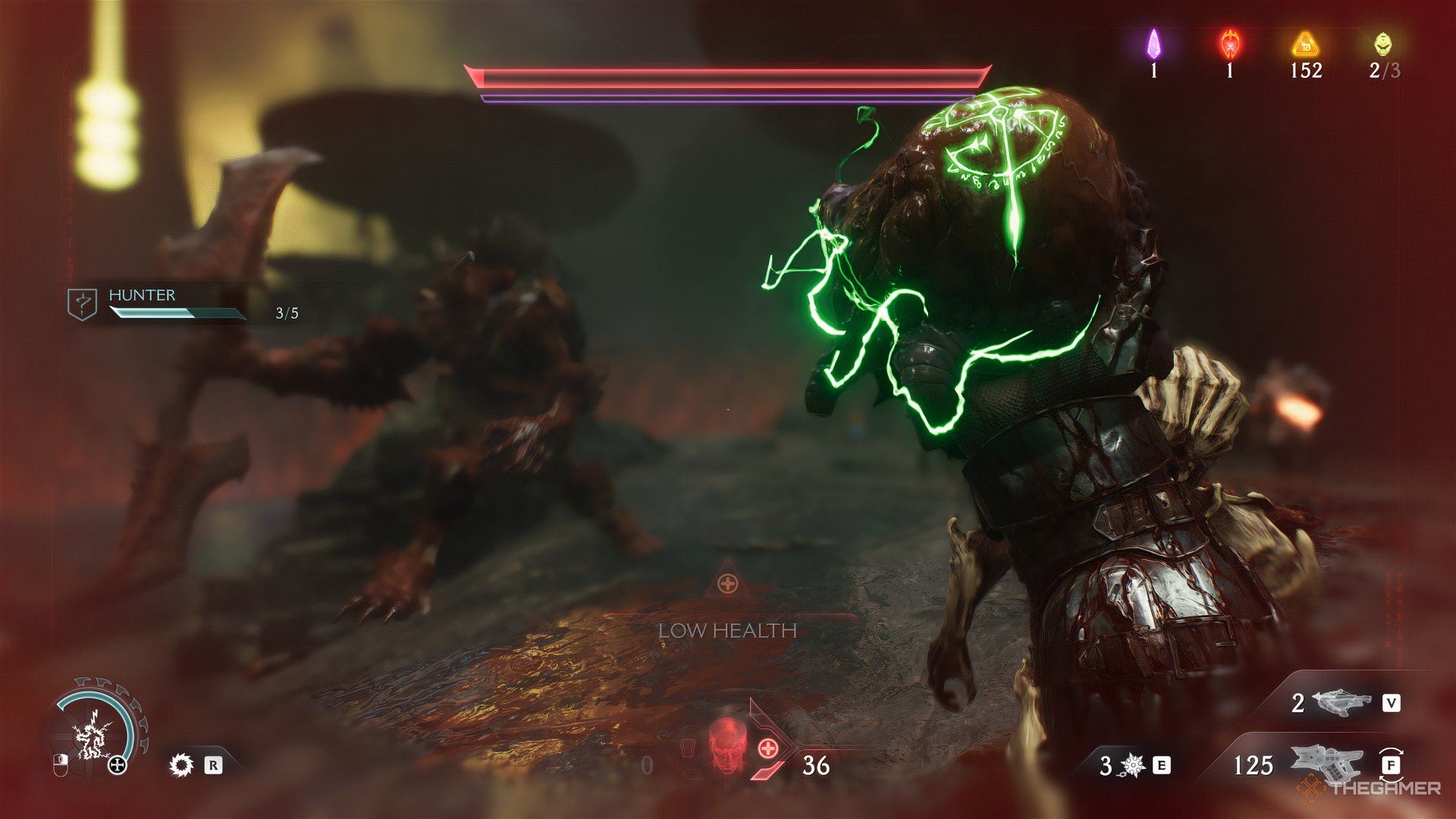 Doom Slayer holding an armor essence with a demon in front of him in Doom: The Dark Ages.