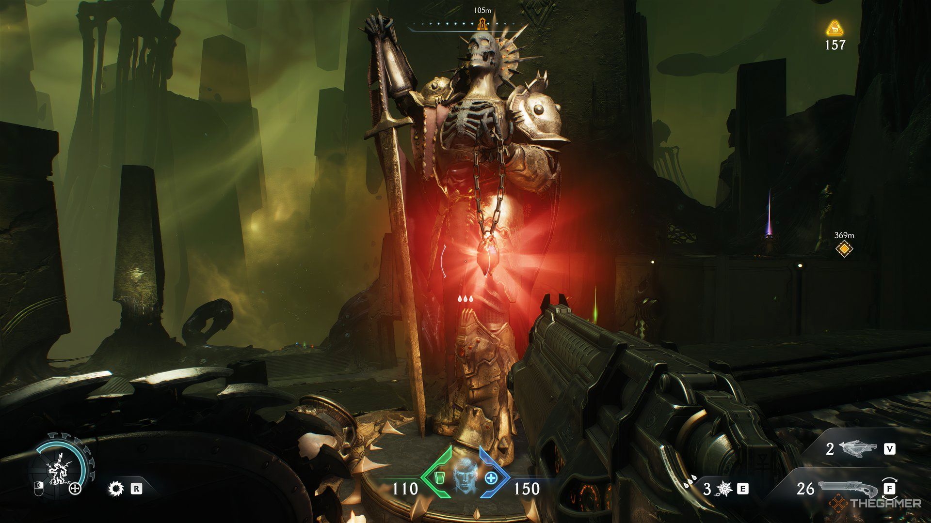 Doom Slayer looking a Ruby with structure in the background in DOOM: The Dark Ages. 