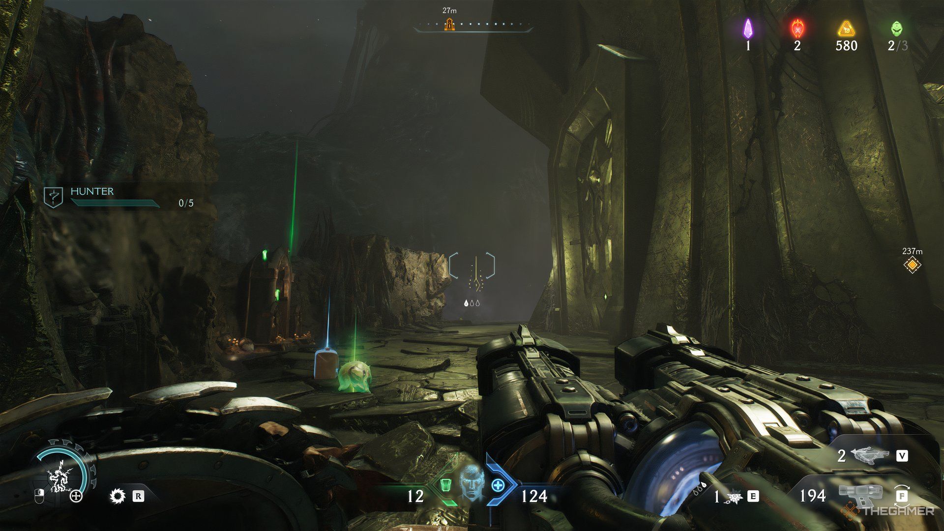 Doom Slayer looking a Sentinel Shrine with armor and health pick ups next to it in Doom: The Dark Ages.