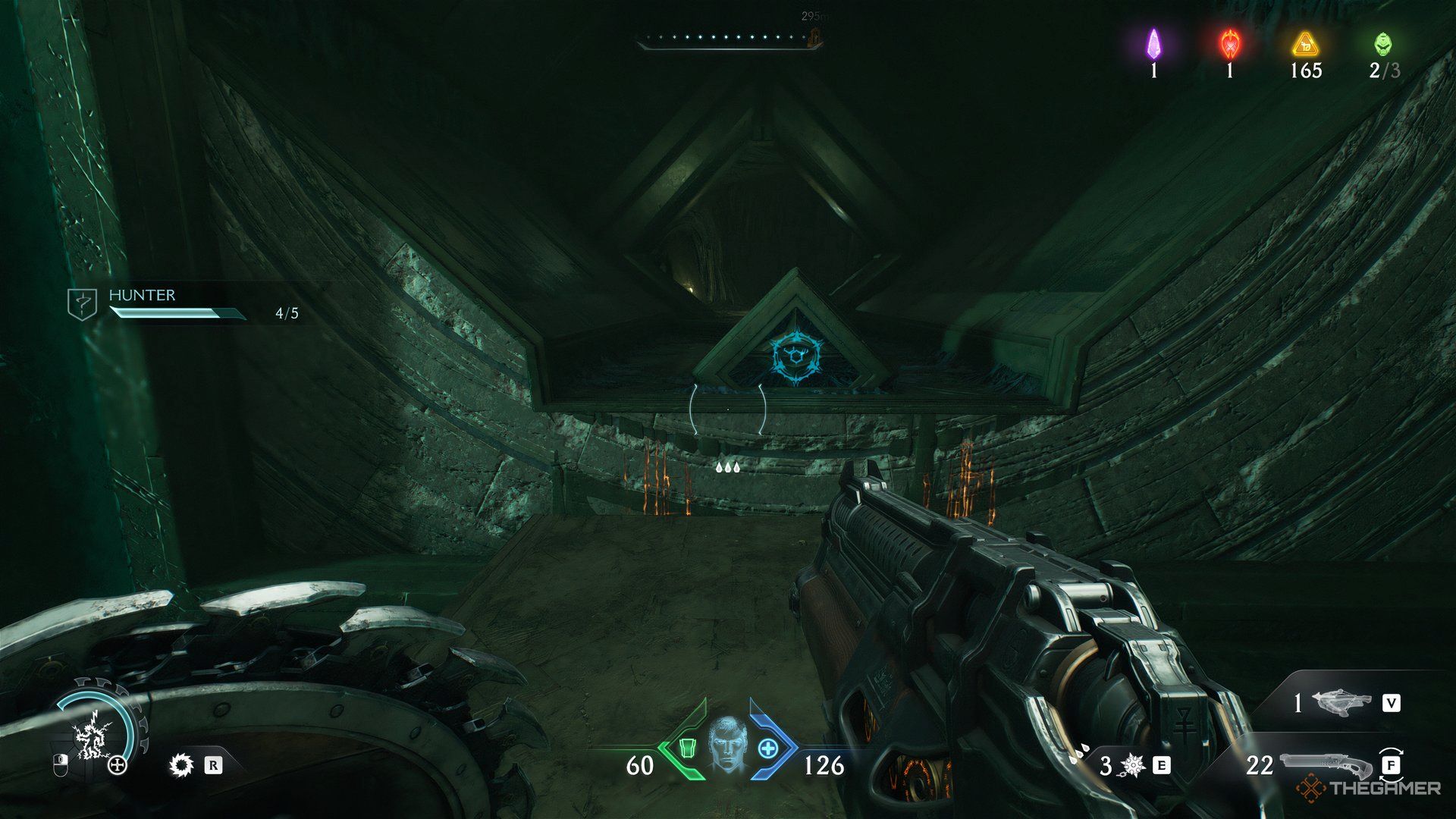 Doom Slayer on the block looking at a shield trigger in Doom: The Dark Ages. 