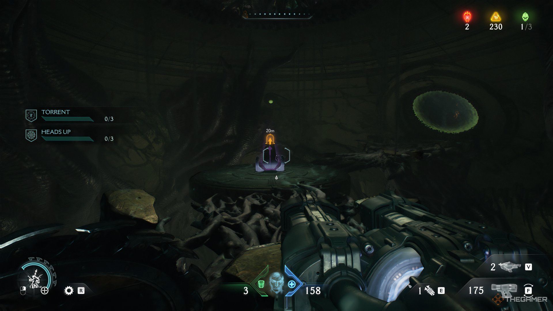 Doom Slayer looking a small monolith in the center of the room with a tunnel on the right in DOOM: The Dark Ages.