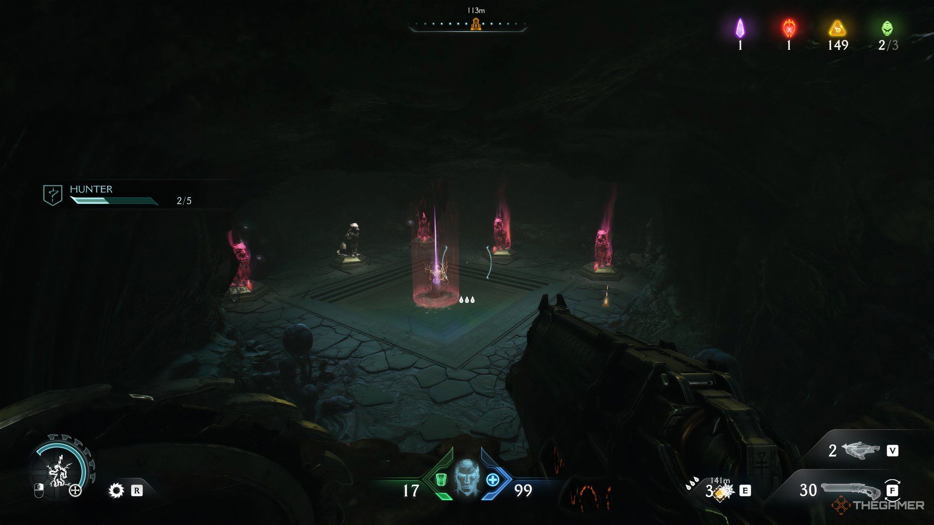 Doom Slayer looking down into a room with five wolf statues and the wraithstone in the center of them in Doom: The Dark Ages. Three statues and the wraithstone are covered in red energy.
