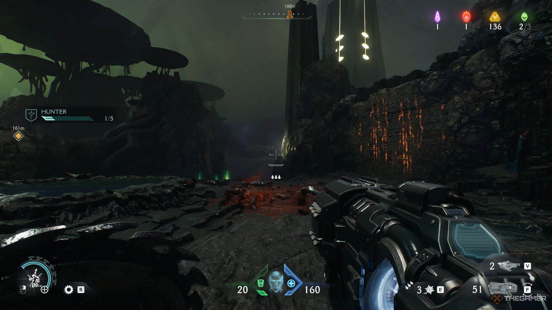 Doom Slayer approaching an opening with a climbable wall on the right in Doom: The Dark Ages.