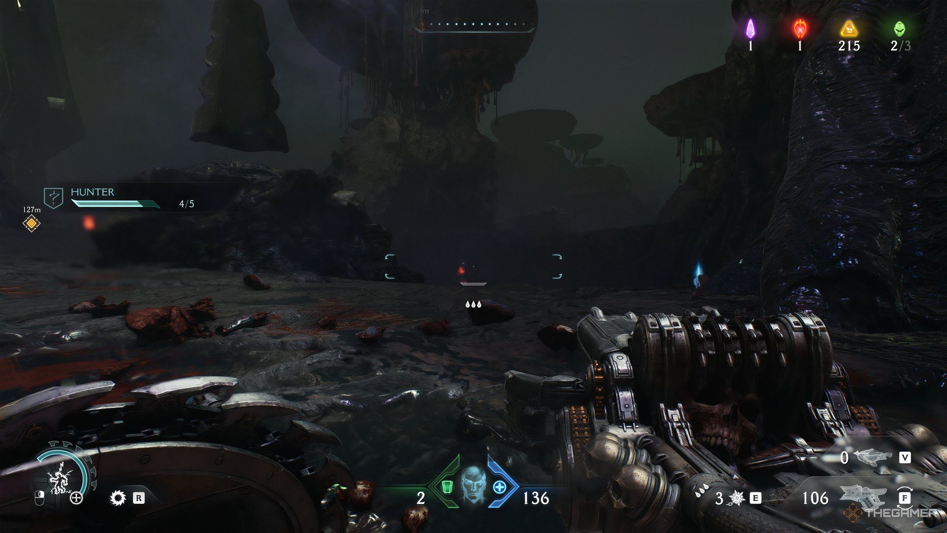 Doom Slayer walking towards the fifth Wolf Statue in Doom: The Dark Ages. There is a health pack on the right.