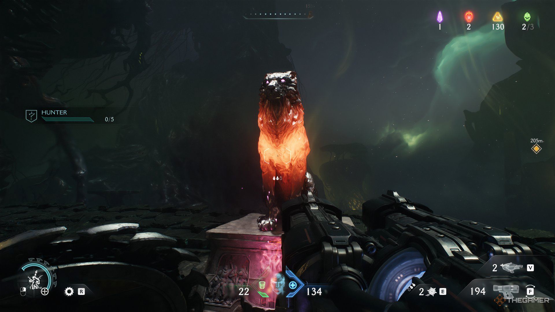Doom Slayer looking at a Wolf Statue that is glowing orange in Doom: The Dark Ages.
